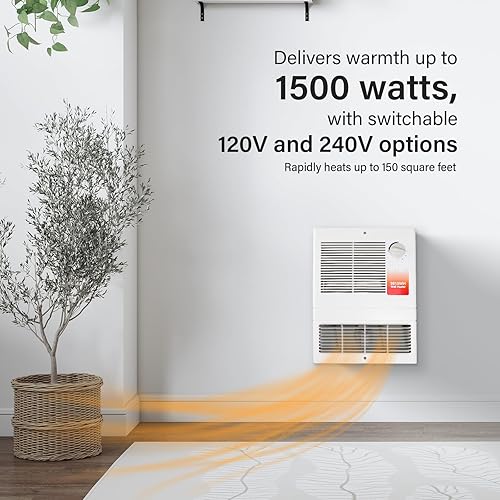 Miniatura 7 de 9815WH Large Capacity Electric Wall Heater with Built-in Adjustable Thermostat and Silent Motor, Overheat Protection, 1500 Watts, 120/240 Volts,