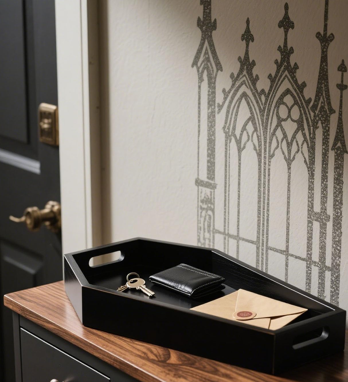 14.2'' Coffin Charcuterie Boards for Gothic Bedroom Kitchen Bathroom Decor - Sturdy Solid Wooden Spooky Halloween Tray for Emo Home