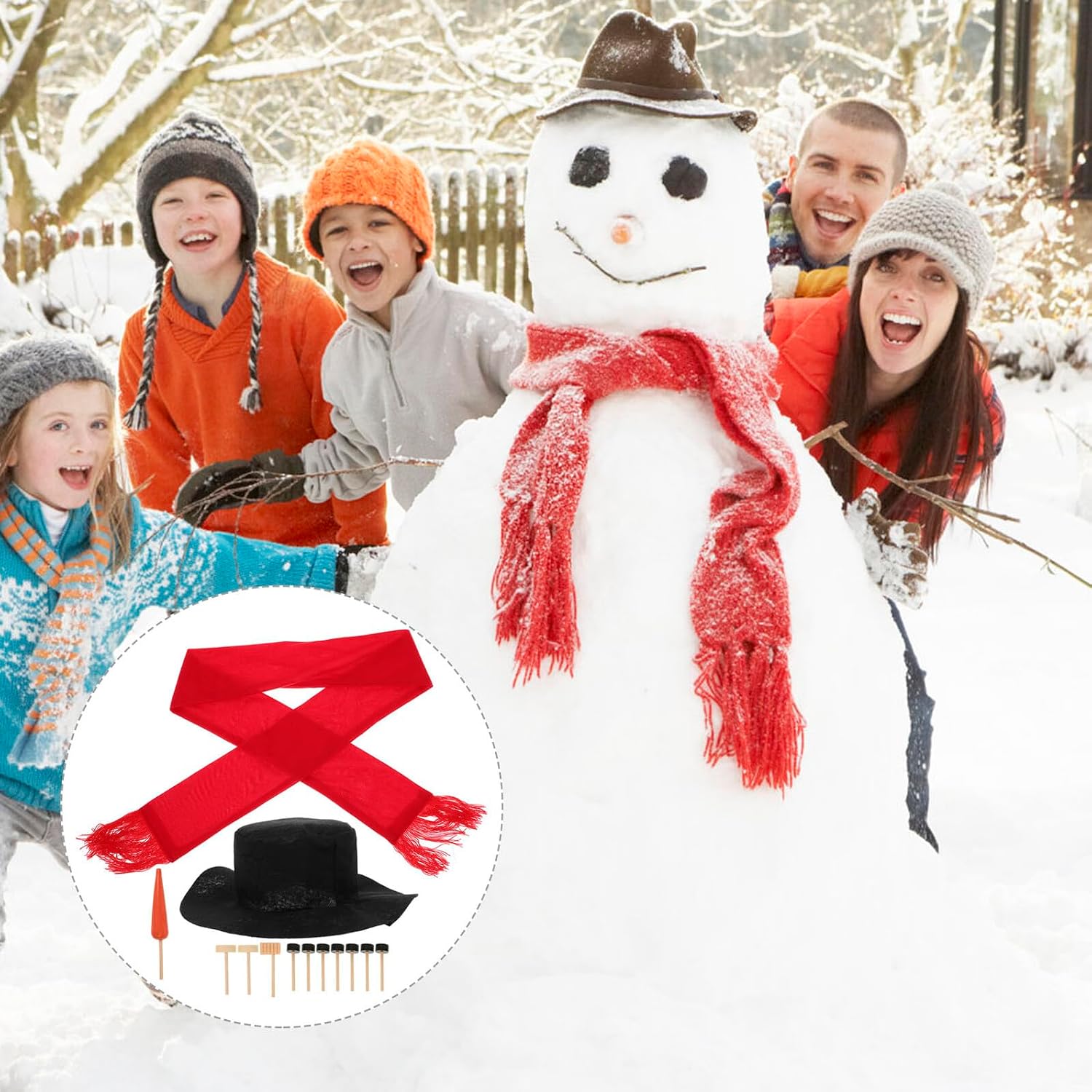Snowman Decorating Kit Winter Holiday Outdoor Accessories Included Hat Scarf Wooden Eyes Mouth Button Nose