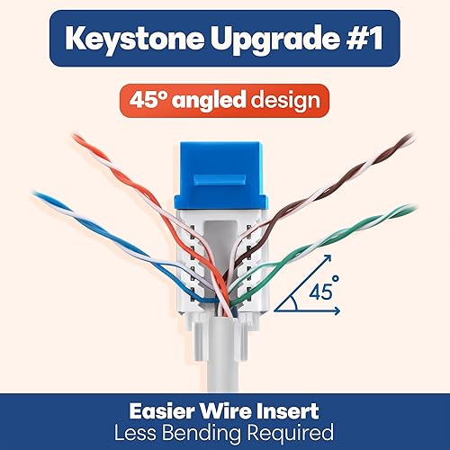 Miniatura 110 de Everest - Paquete de 50 conectores Keystone RJ45 Cat6 en ángulo de 45°, color blanco, conectores RJ45 hembra de perfil delgado, conector Keystone