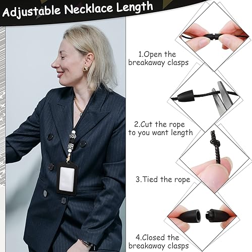 Miniatura 10 de Cordones con 2 soportes para tarjetas de identificación, cordón de silicona con cuentas de silicona, soporte de identificación de cuero