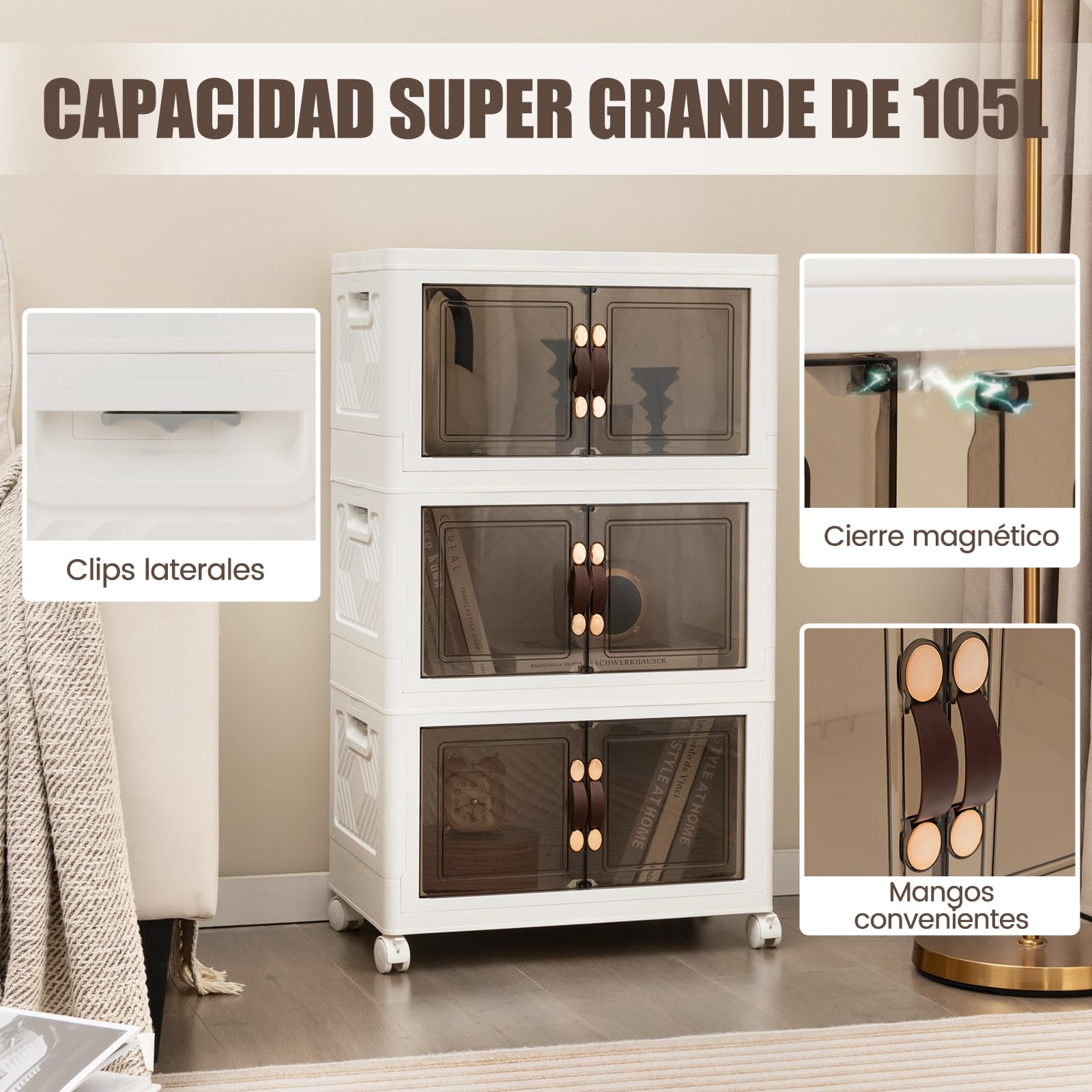COSTWAY Cajas Almacenaje 105L, Juego de 3 Cajas Organizadoras Plastico con Ruedas Bloqueables, Baul Almacenaje Dormitorio con Tapas Plegables de PP, Cajas Plastico Transparente Apilable con Puertas