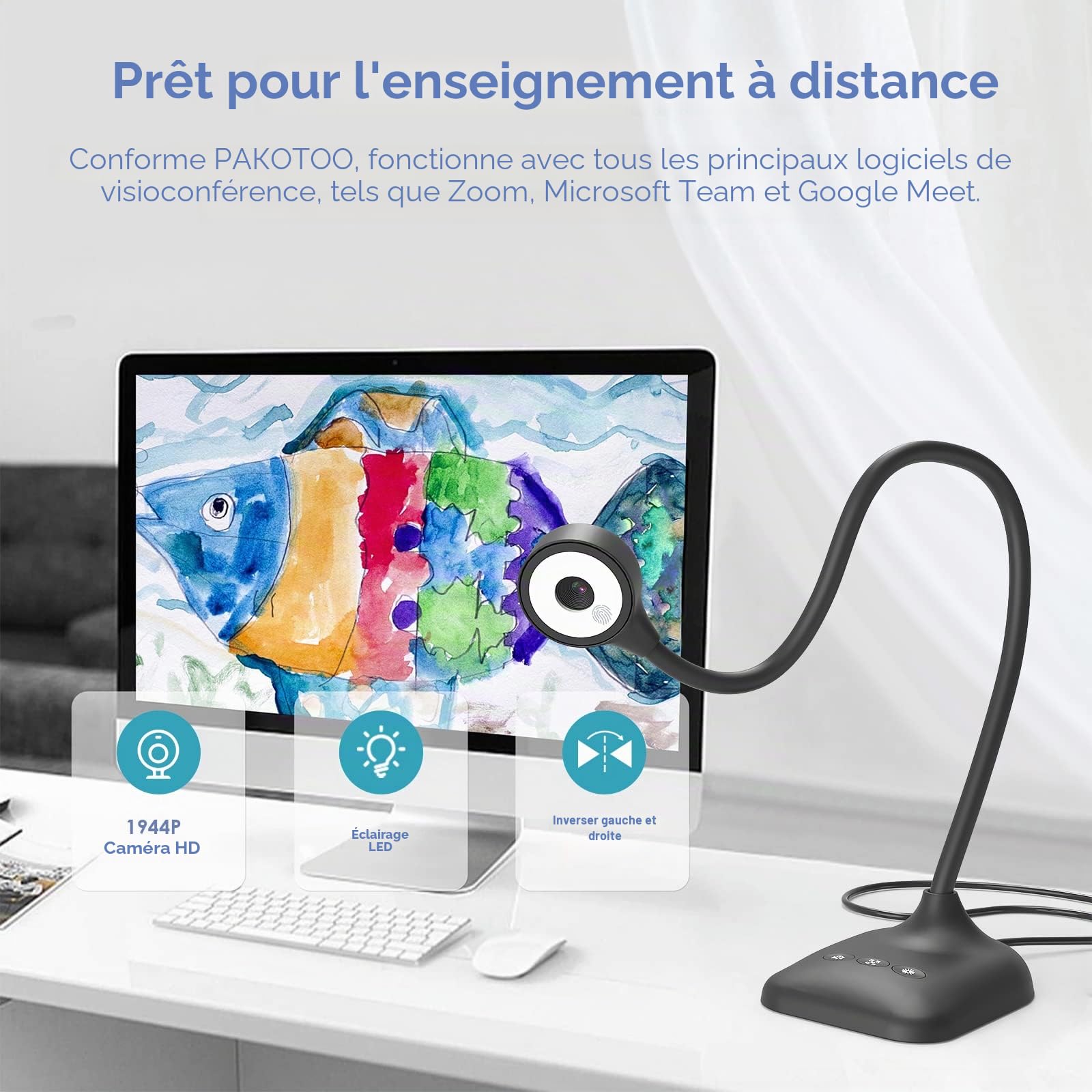 USB Visualiseur & Caméra de Document pour Format A3, Lumières LED à 3 Niveaux, iOS à 5 Niveaux, Inversion d'image, Pliage avec Zoom, Skype, Teams, OBS. pour Windows, macOS, Linux, Chromebook