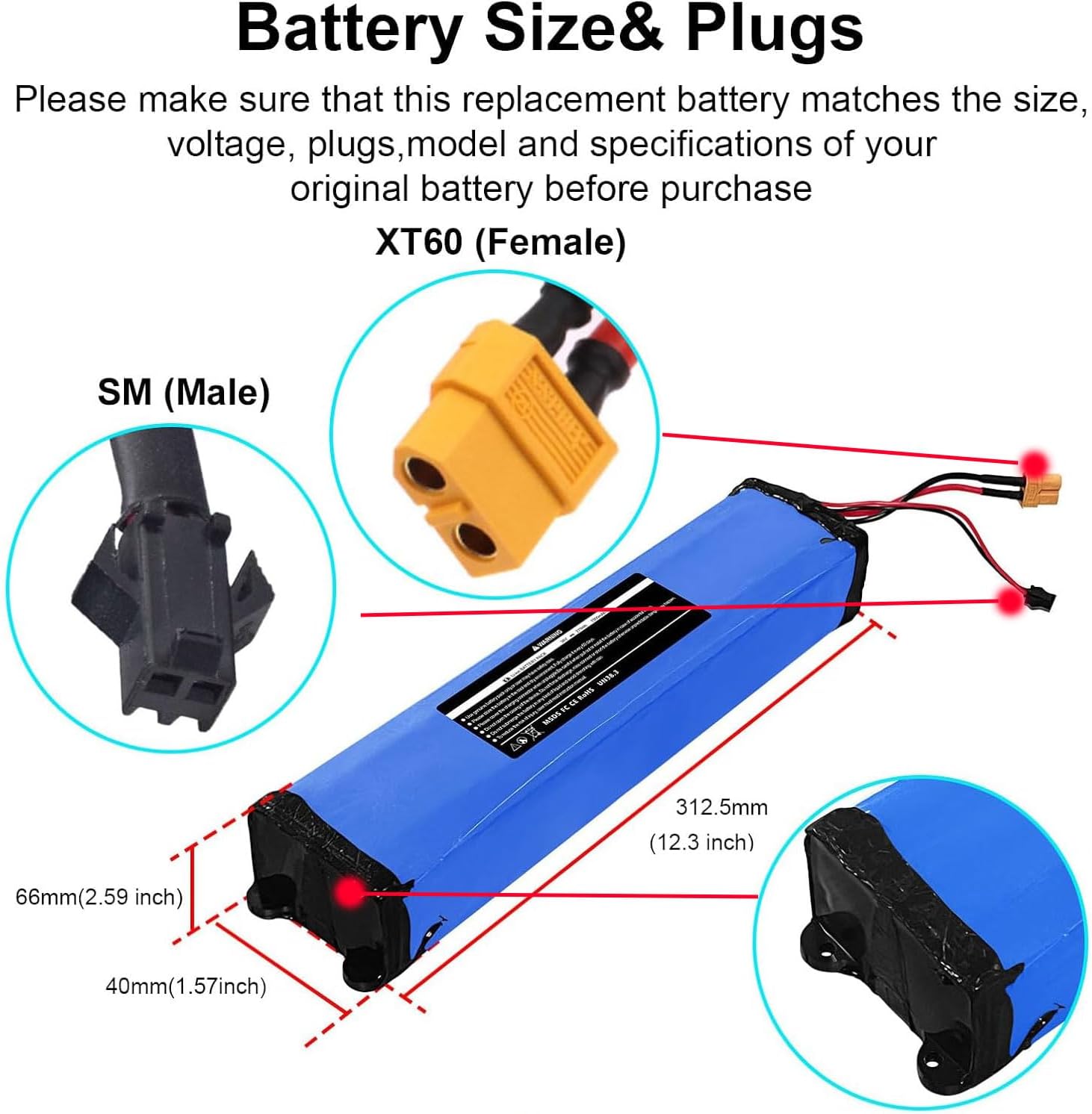 36V 7500mAh Battery Replacement for Hiboy S2/KS4, 270Wh High-Performance Lithium Battery Pack with XT60/SM Connector & Screw Holes