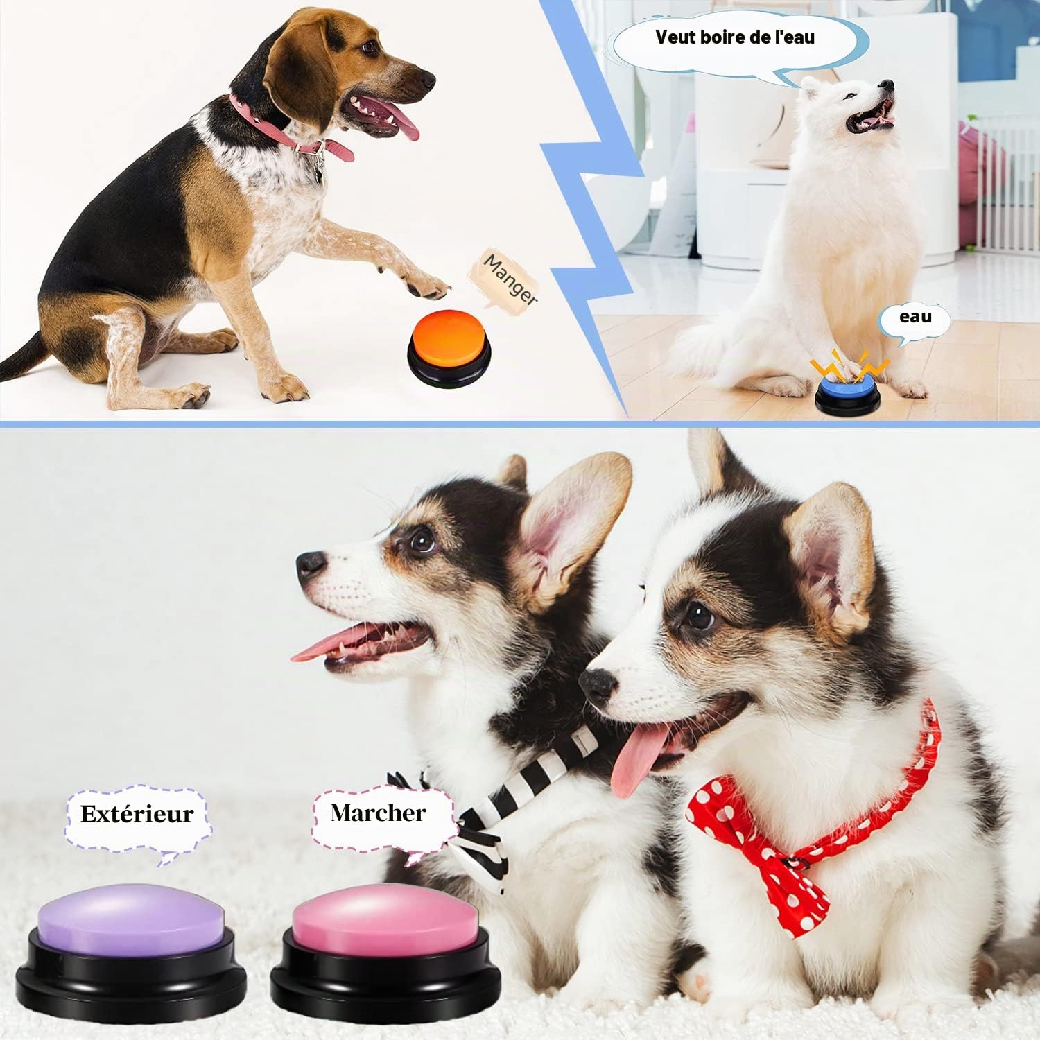 Buzzer Sonnette de Porte pour Chien Buzzer Enregistrable pour Jeux de Questions 4 Pcs Answer Buzzers Chien Bouton Parler Chat Communication Enregistreur Vocal Fluent Pet Button Talking Dog Buttons