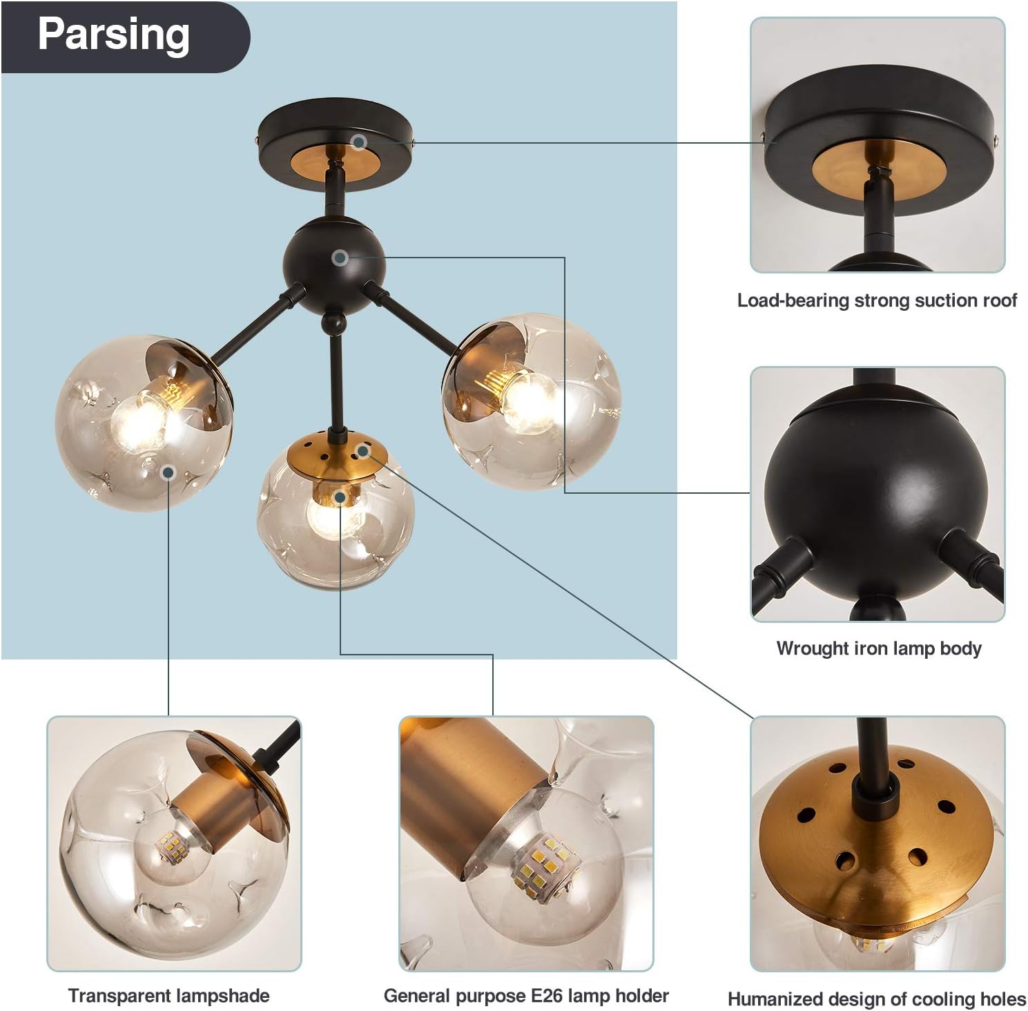 SZXYKEJI 3-Light Chandelier ，Vintage Semi Flush Mount Ceiling Light Fixture with Glass Globe， Black Ceiling Light for Hallway Stairway Porch Entryway Kitchen Bedroom Laundry Farmhouse..