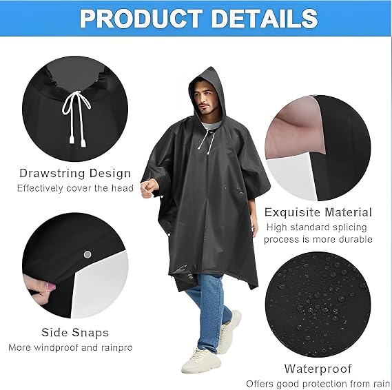 Rain Poncho RainCoat for Men/Women, 2 Pcs Waterproof Reusable Lightweight Rain Coat with Drawstring Hood, Portable Emergency Poncho for Family Outdoor Activity