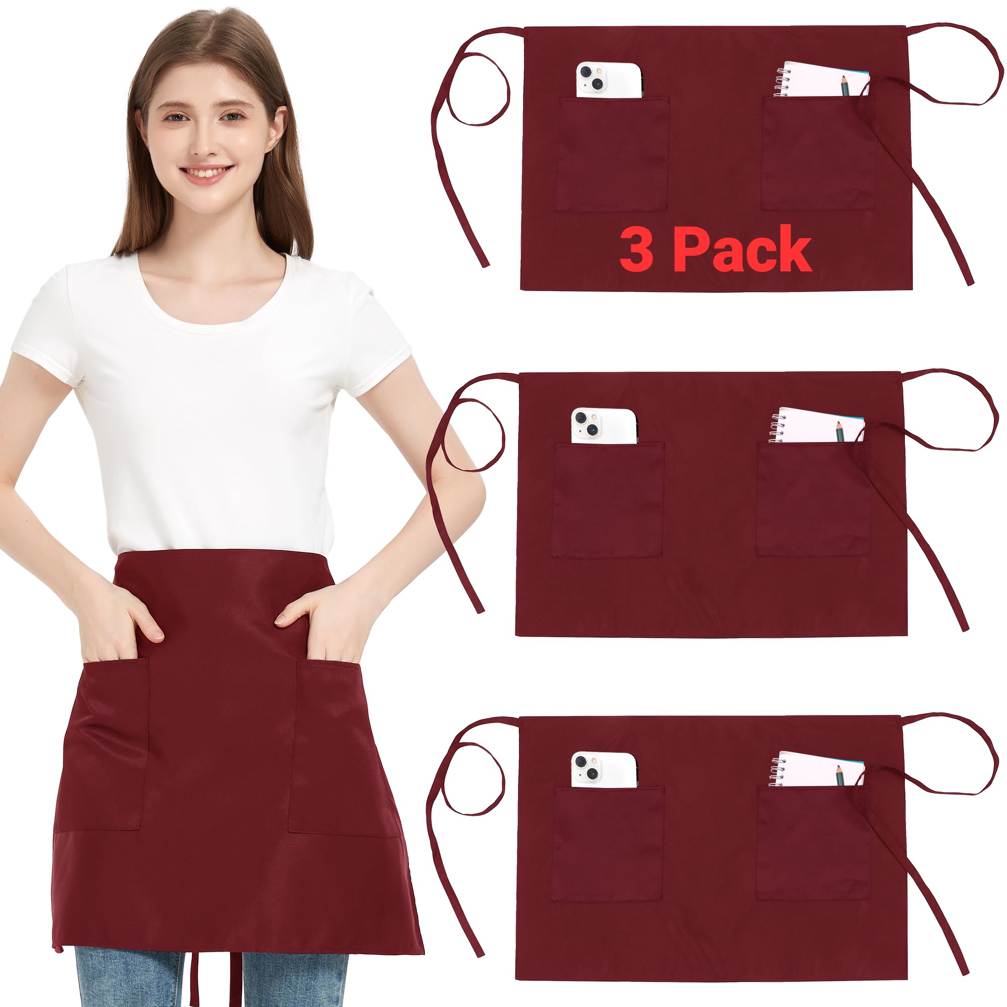 3 Pack Half Server Waist Apron with 3 Pockets for Waitress Waiter Unisex — image 1