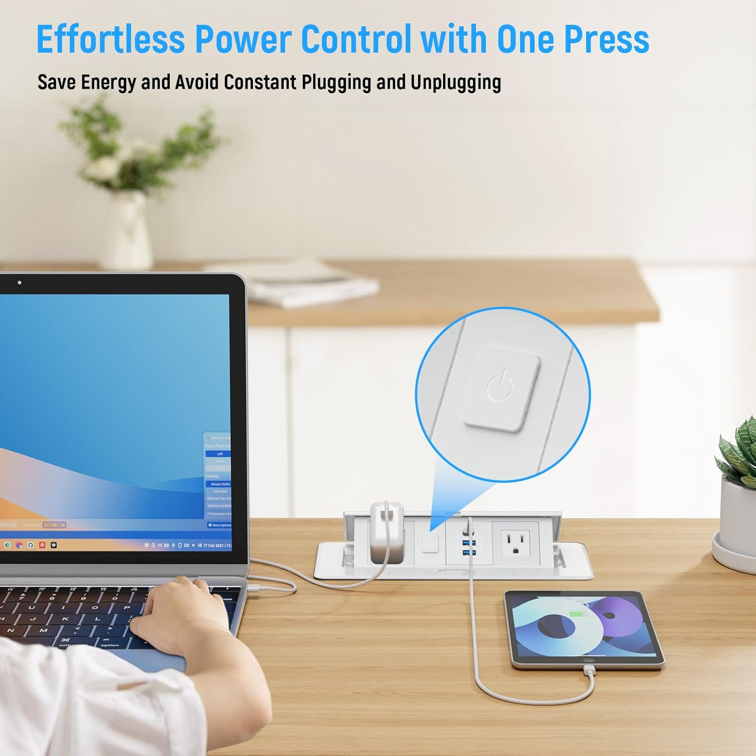 Recessed Power Strip with 2 AC, 2 USB-A, USB-C Ports, Pop Up Power Outlet with PD 20W USB C Fast Charger, Receptacle Outlet with Switch and 6FT Cord for Conference Office Countertop UL Listed,White