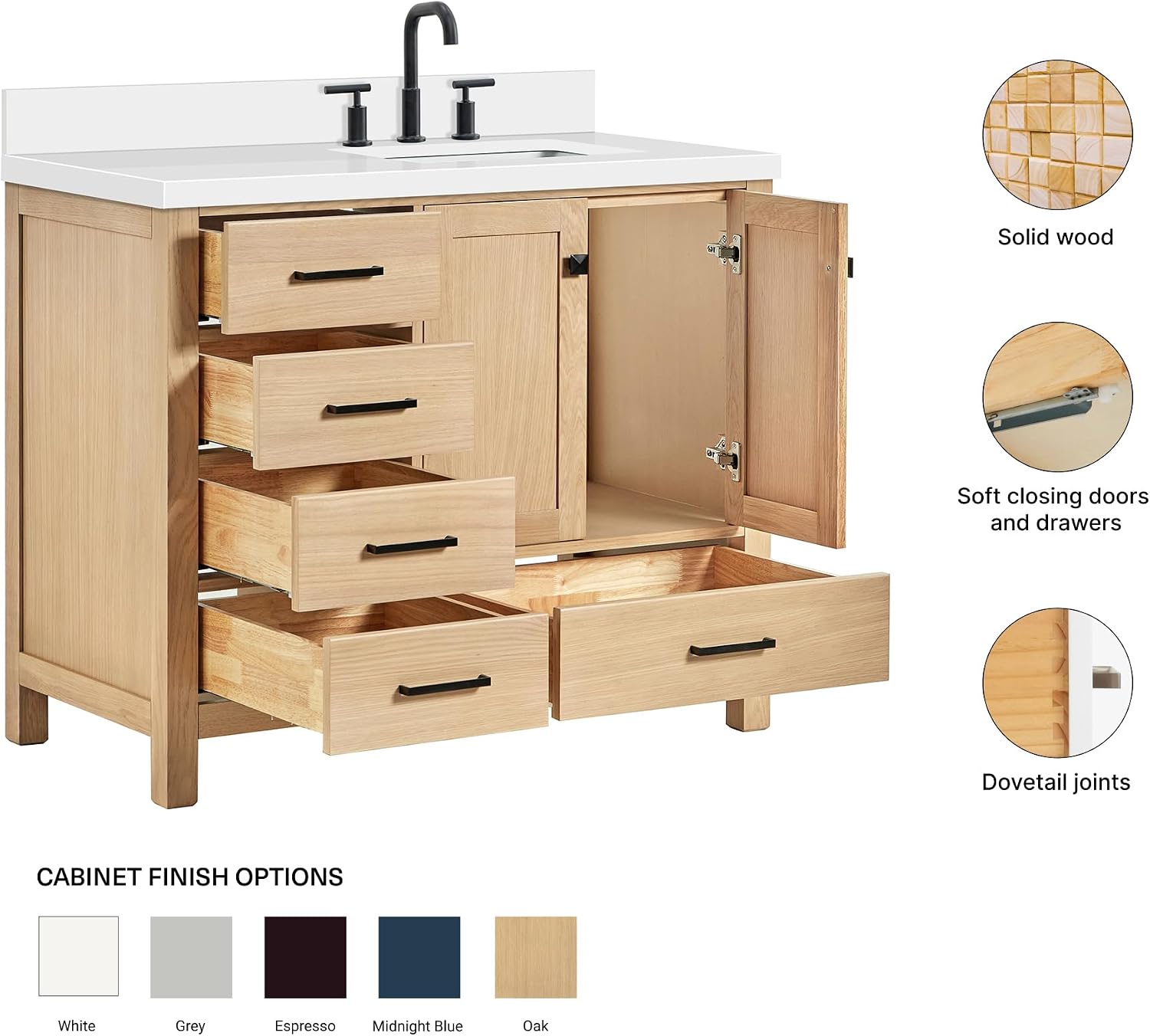 ARIEL Cambridge 42-inch Bathroom Vanity with Sink,Solid Wood, 1.5-inch Pure White Quartz Countertop, Single Rectangular Porcelain Sink, 2 Soft Closing Doors, 5 Dovetail Drawers, White Oak
