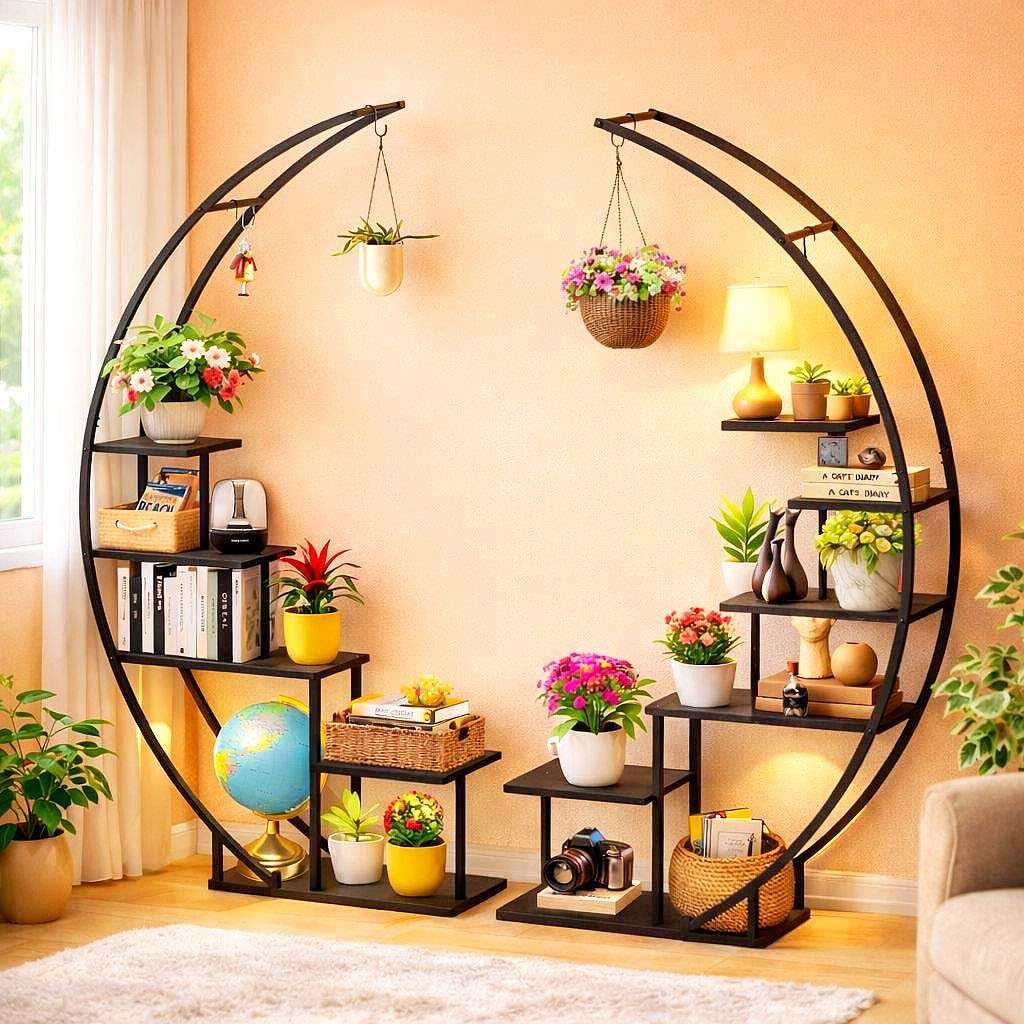 DanDiBo Blumenregal Indoor 170 cm Hoch Metall Schwarz Rund 96586 Blumentreppe Groß Halbrund Pflanzenständer Modern Design
