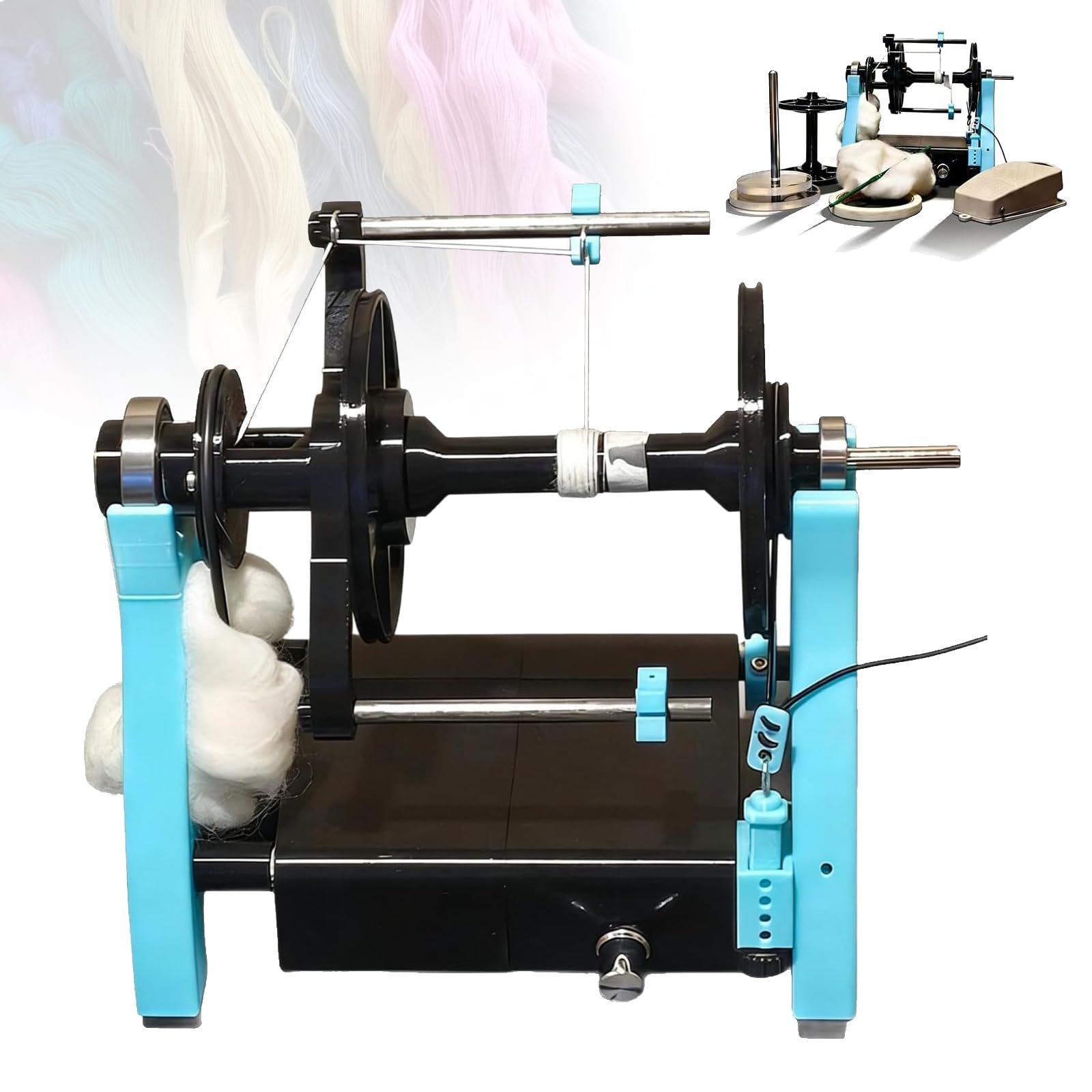 VILA SMO Electric Yarn Spinner Kit, Yarn Spinner Winder Spinning Wheel, With Pedal, Speed Adjustable, Forward And Reverse Gears, For Spinning Wool, Cotton, Silk, And Other Fibers Blue