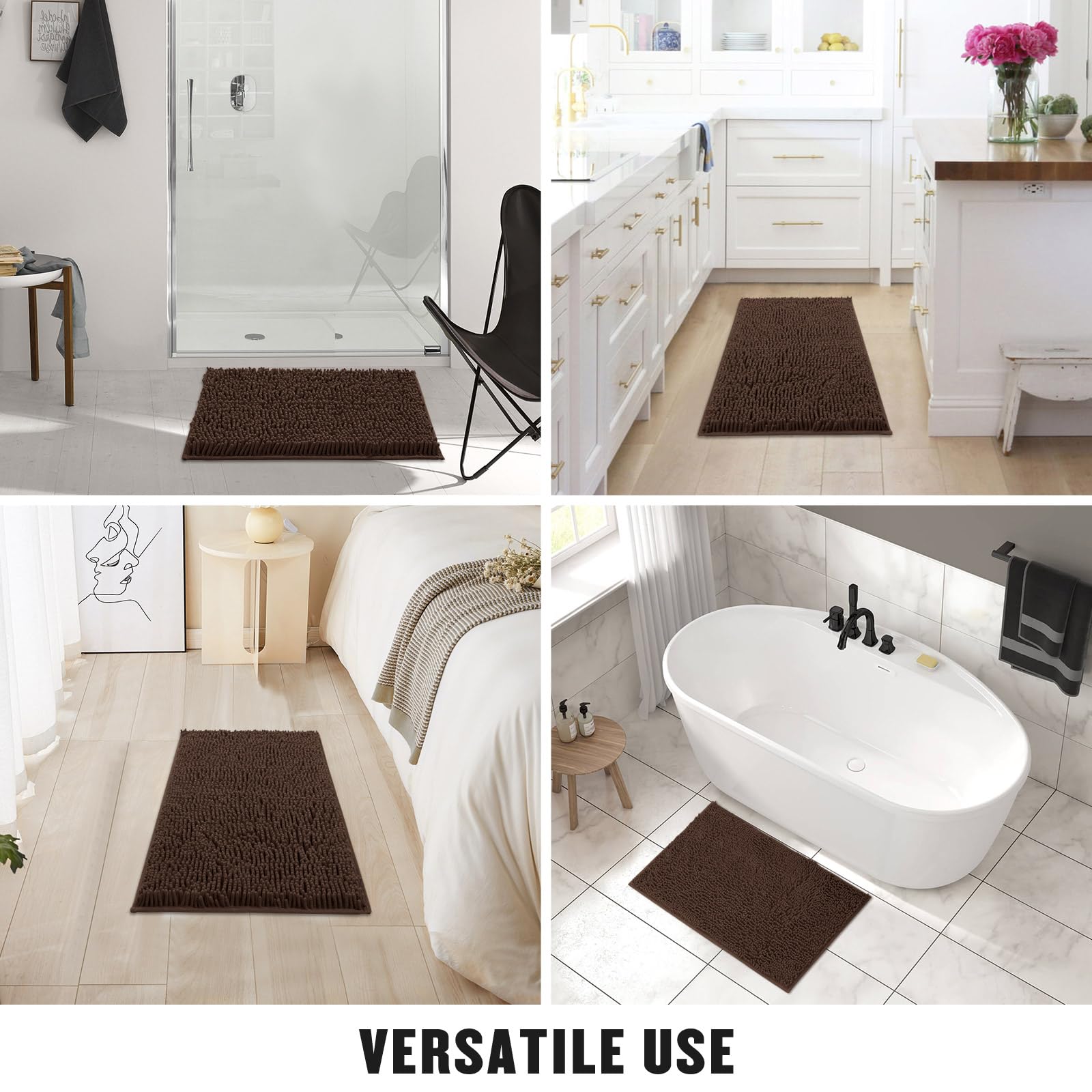 MitoVilla Lot de 2 tapis de salle de bain en chenille extra doux et absorbant – Tapis de bain antidérapant et épais à poils longs, marron, 50,8 x 81,3 cm