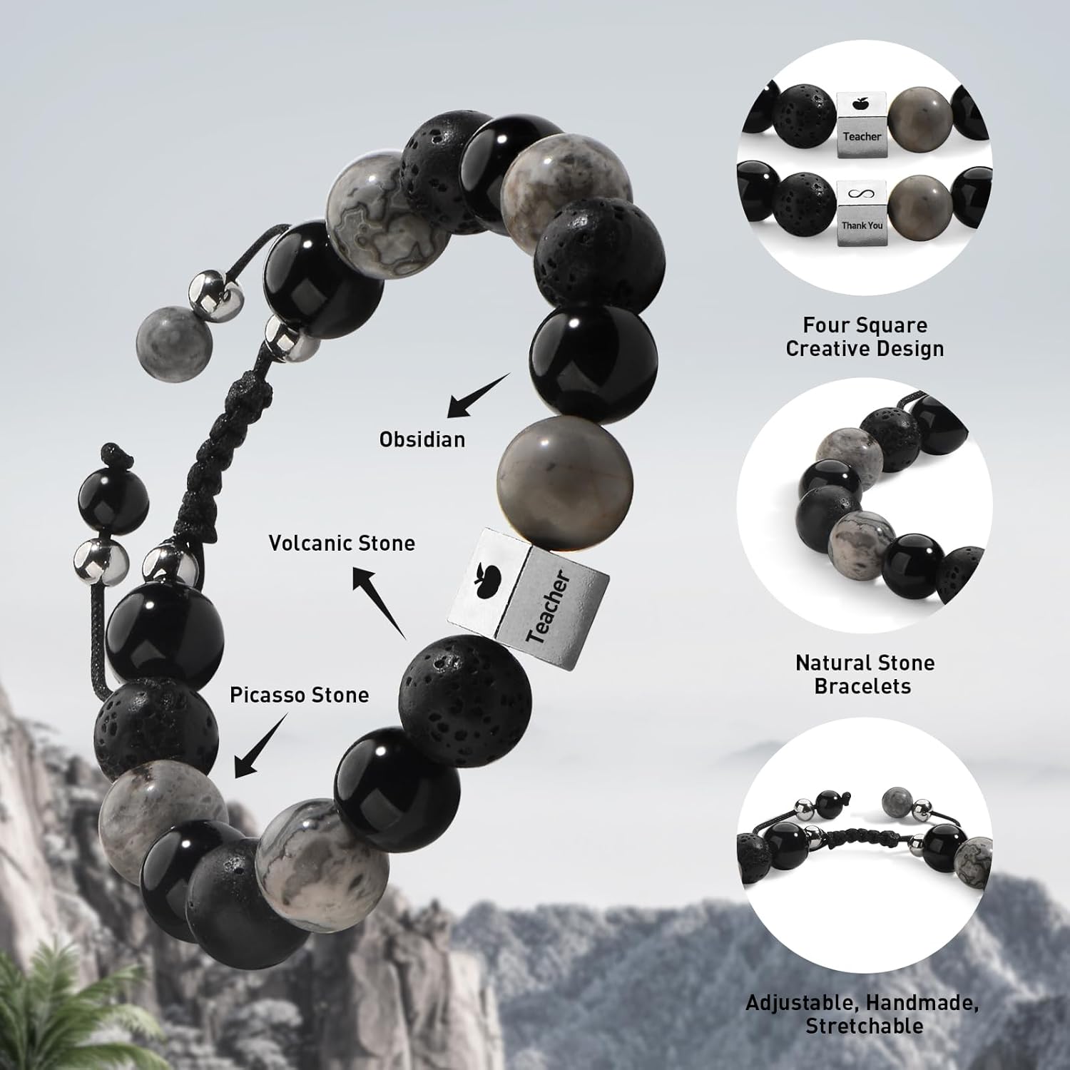 Bracelet For Men Lava Rock | Black Obsidian Beads | Picasso Jasper Beaded Bracelets Birthday Son Husband Boyfriend