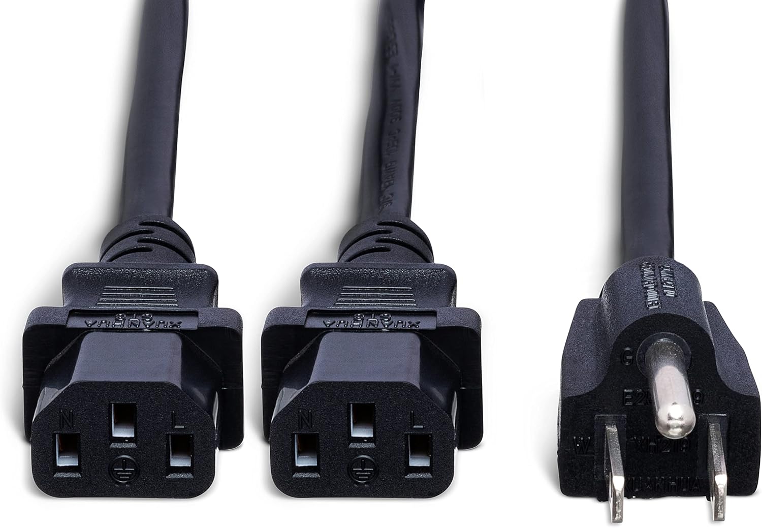 Another close-up of the Hosa YIE-406 Power Y Cable connectors, highlighting the pin configuration of the NEMA 5-15P and IEC C13 ends