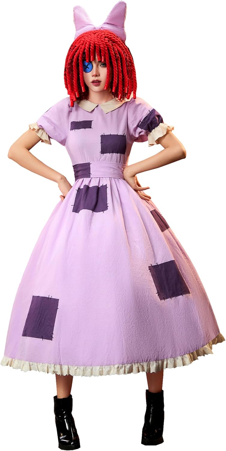 Cosplay.fm Women Game Cosplay Costume Rag Doll Purple Patchwork Dress with Belt and Braids Hair Accessories
