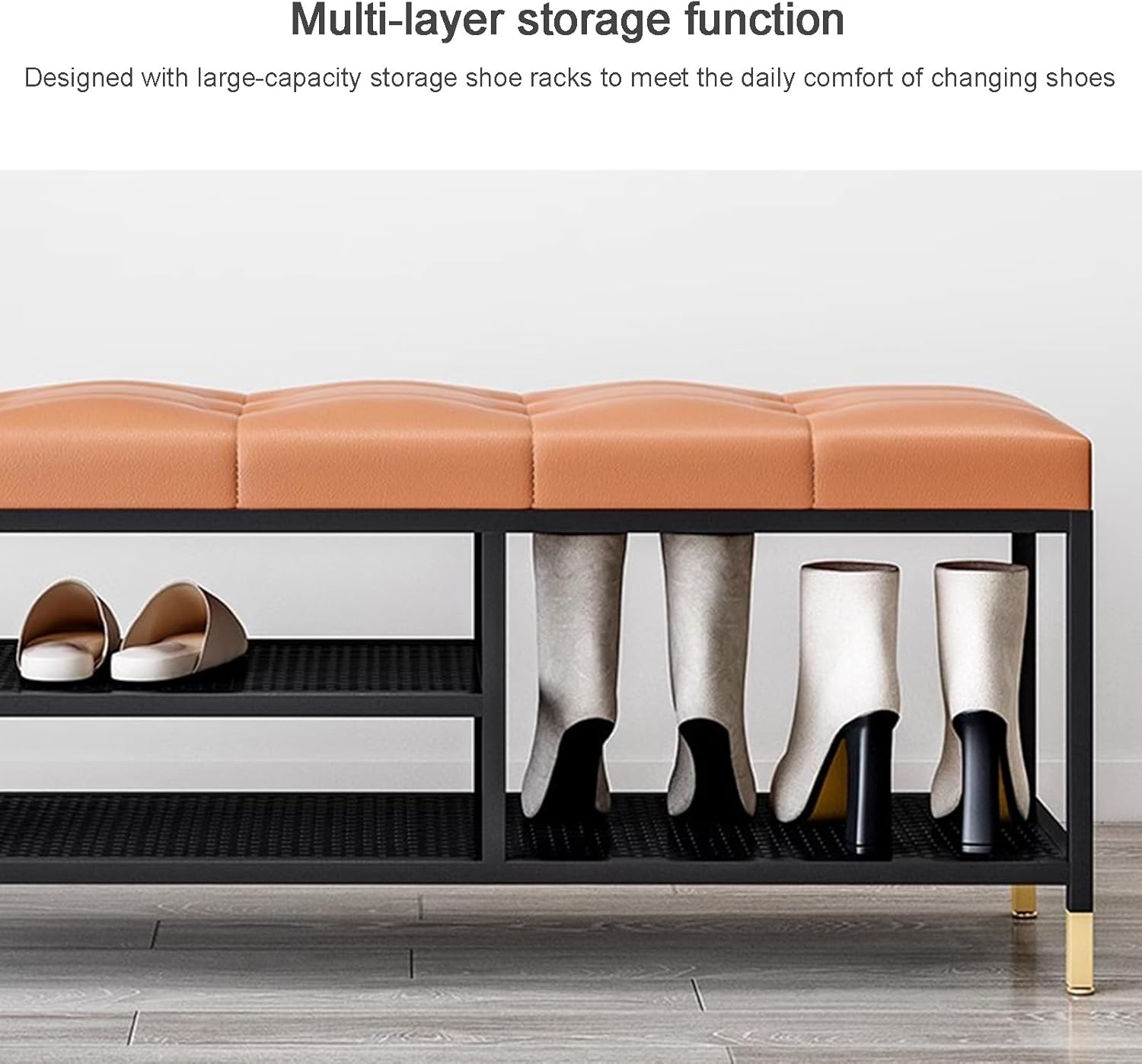 3 Tier Shoe Organizer for Entryway, Shoe Racks with Cushion, Black Metal Frame Hallway Bench for Living Room Bedroom,Orange,80 x 32 x 47 cm