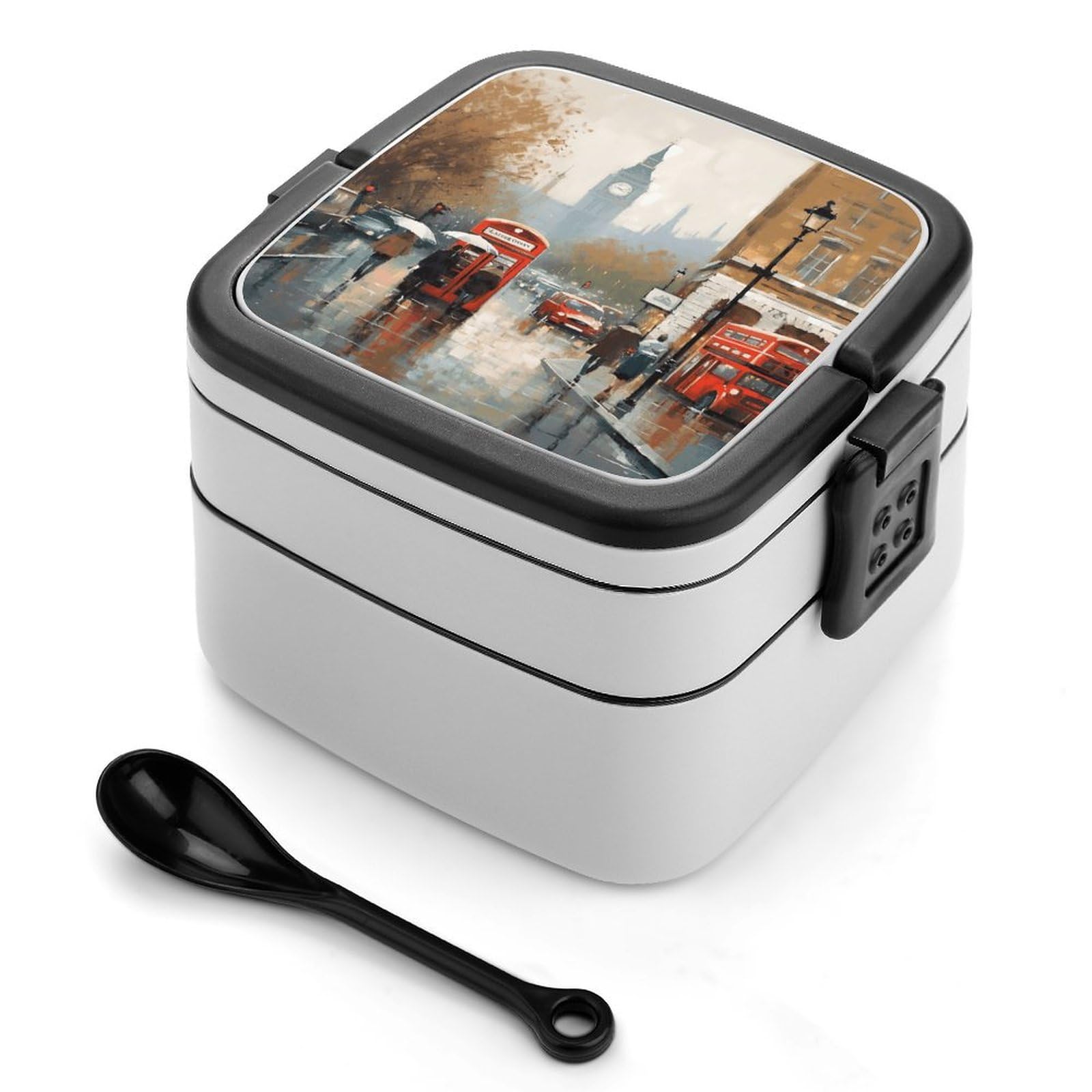 FekiLoot London Impression Bento Box Adult Lunch Box Sealed Bento Lunch Boxes with Spoon Sturdy Double Layer Bento Boxes Snap-on Design Leak Proof Lunch Containers Ideal for Work