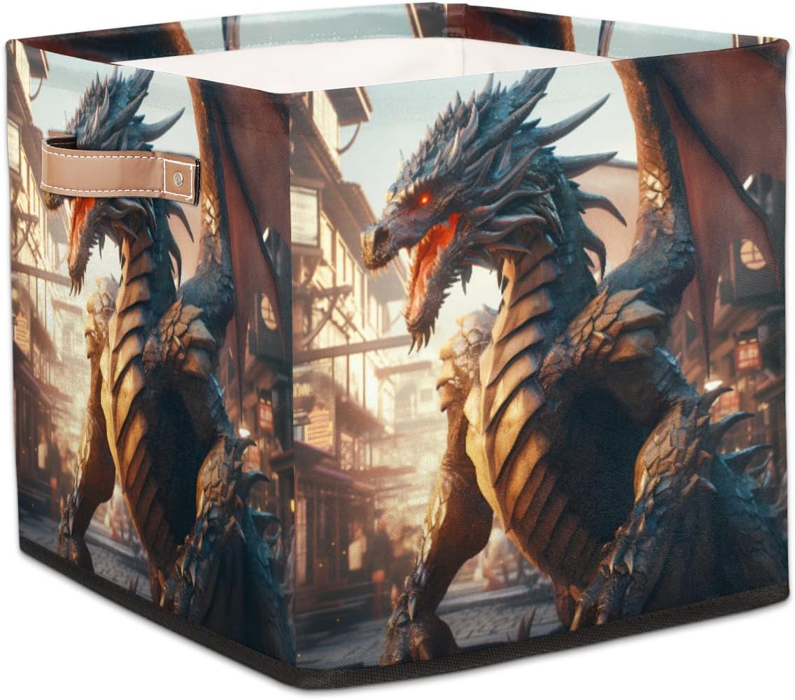 cfpolar Anime Dragon Vintage Style Foldable Storage Bin 13x13x13 In, Collapsible Fabric Storage Basket, Cube Storage Toy Organizer Bins with Dual Handles for Home Office Nursery Closet Cabinet