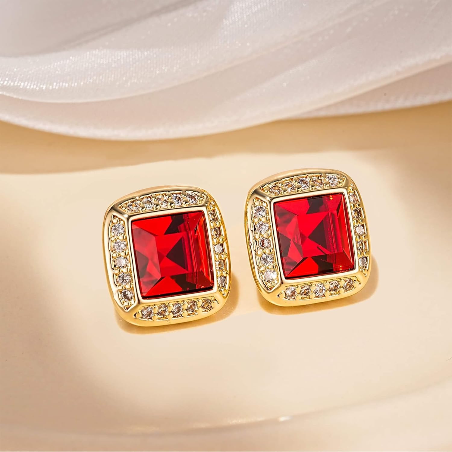 EVEVIC Austrian Crystal Square Stud Earrings for Women 14K Gold Plated Halo Birthstone Earring Jewelry Gifts - Image 3