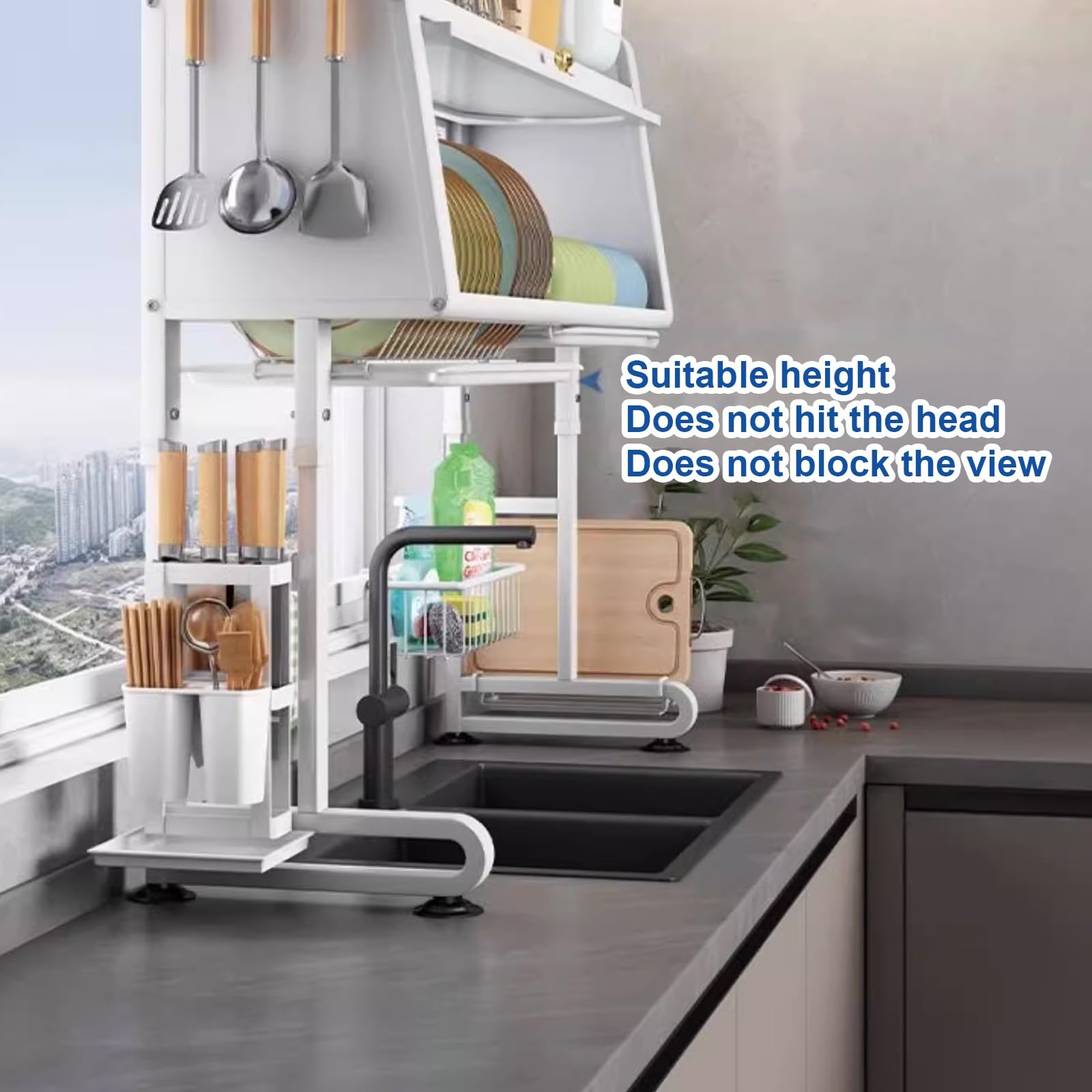 Estante ajustable de 2 niveles sobre el fregadero, plegable, almacenamiento para platos, vasos, cuencos y cubiertos, ahorro de espacio, cocina, diseño duradero y elegante
