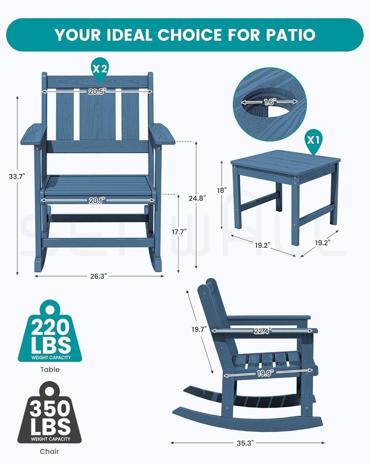 SERWALL HDPE Outdoor Rocking Chairs Set of 6, All Weather 4 Porch Rockers with 2 Side Tables, Waterproof Patio Conversation Set for Fire Pit, Garden, Backyard, Blue