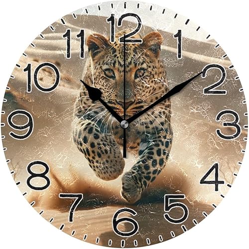 Un leopardo en el desierto se precipita hacia la cámara, reloj de pared que funciona con pilas, sin tictac, cuarzo silencioso, analógico, rústico,