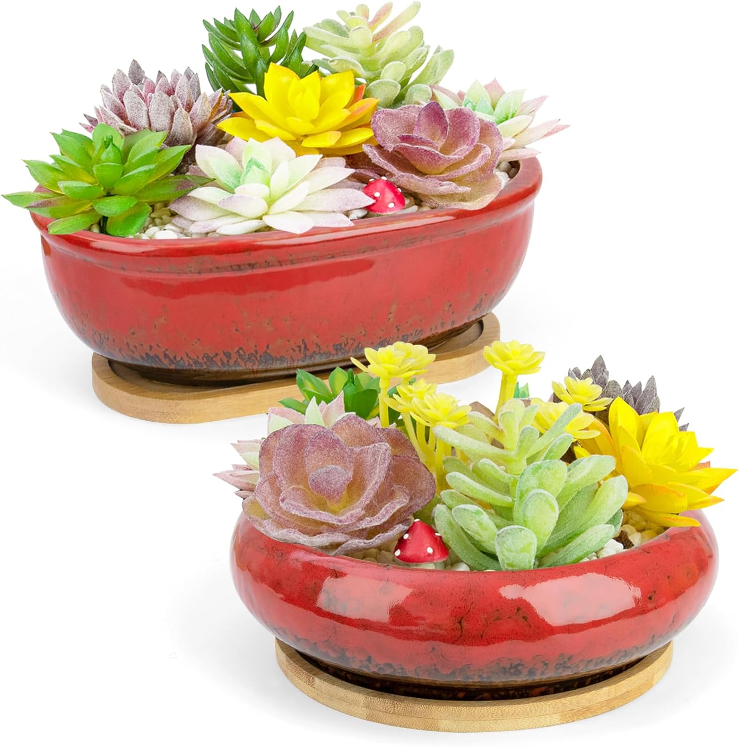 Succulent Pots, 1 Rectangle Planter + 1 Ceramic Bonsai Pot with Drain Tray, 2 Pack Large Shallow Succulent Planters for Indoor Plants, Round Cactus Flower Plant Pot for Desk Windowsill Decor