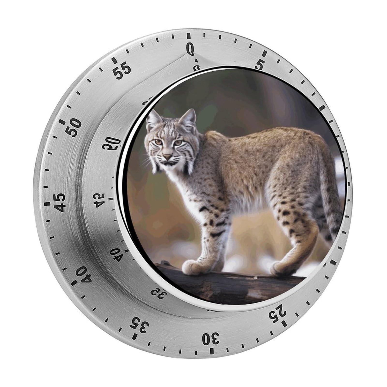 Mechanical Kitchen Timer with Magnetic Back, Stainless Steel Manual Wild Bobcat Printed Timer for Cooking and Time Management