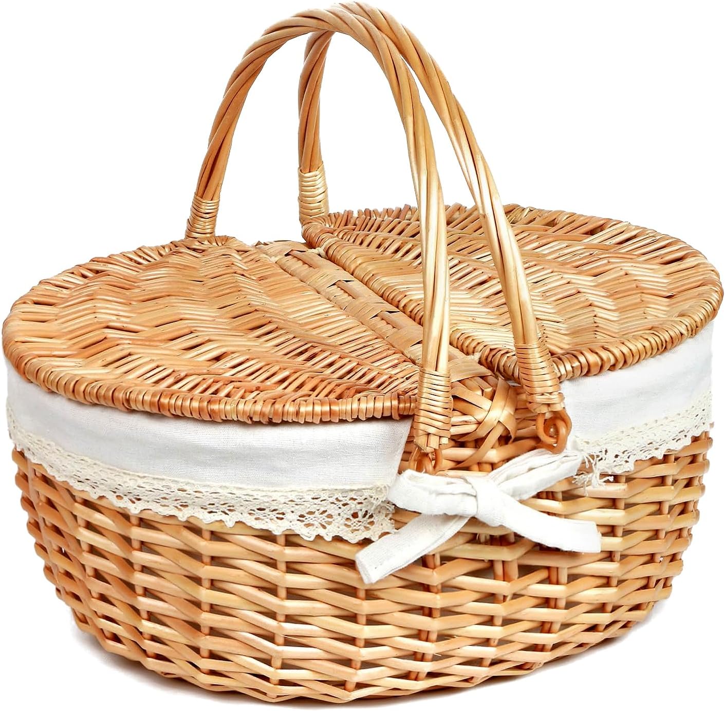 Picnic Basket, Wicker Basket with Lid, Foldable Handle & Removable Liner, Natural Willow Picnic Hamper, Large Empty Picnic Baskets for Outdoor Camping, Wedding, Mother's Day and Birthday