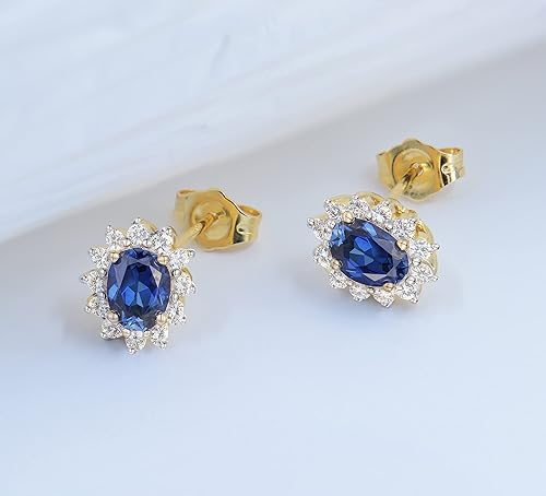 Miniatura 4 de Tirafina Aretes de halo de zafiro azul creados en laboratorio con zafiros blancos creados en laboratorio, joyería de piedra natal, plata esterlina