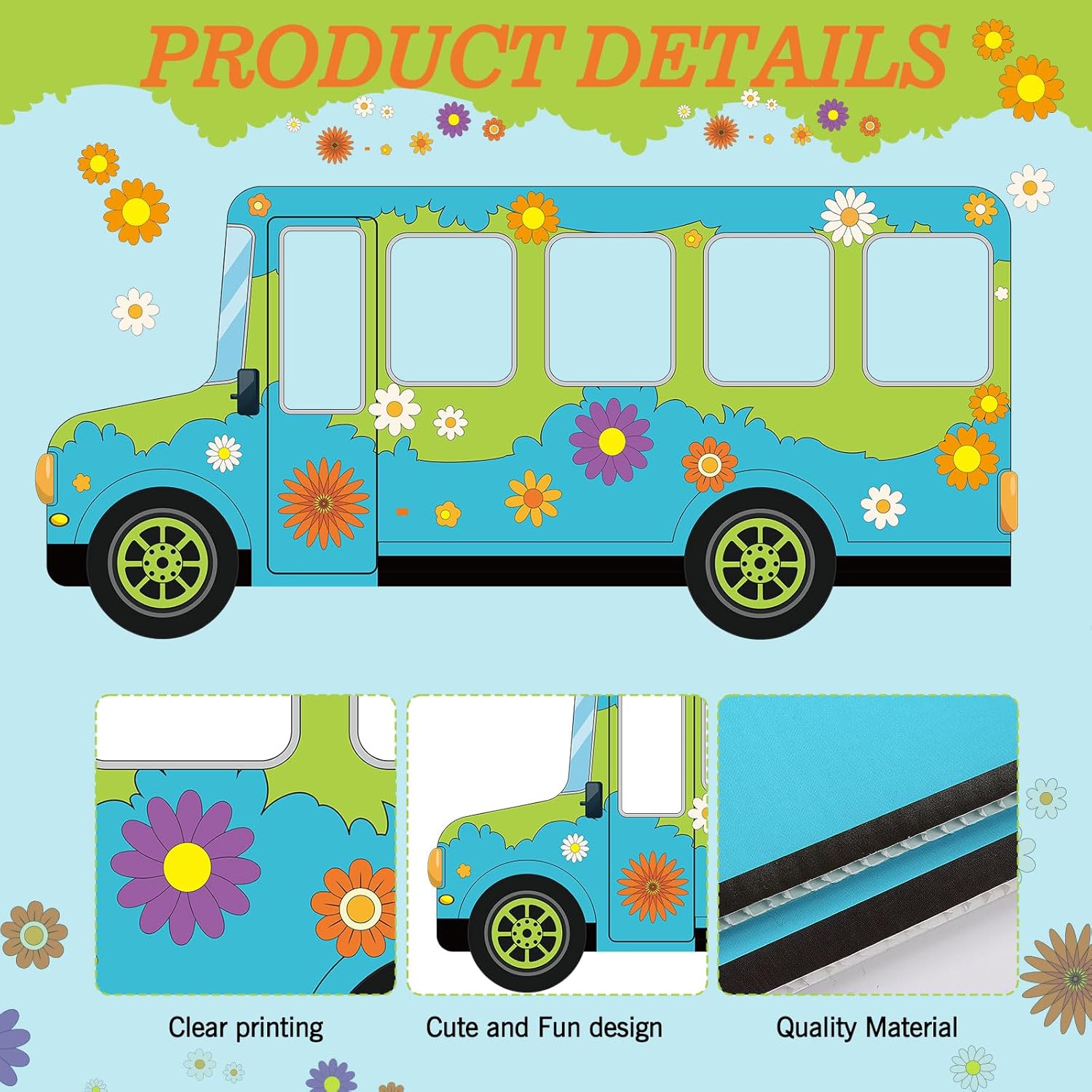 Capoda Hippie Bus Shaped Photo Prop Party Decor Van Cardboard Cutout Standup Groovy Daisy Car Selfie Prop Backdrop Birthday Party Sign Decoration Supplies 51.2 x 23.6 Inch