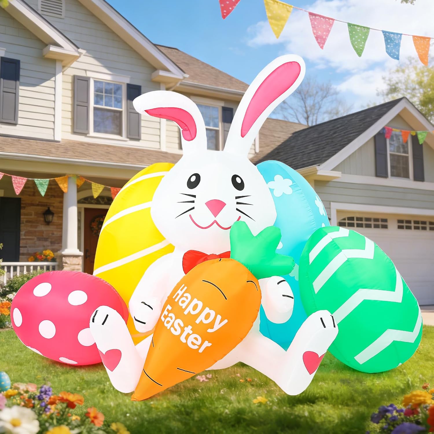 Easter Inflatables Outdoor Decorations 6FT Long Bunny Holding Carrot with Colorful Eggs Inflatable Decor Built in LED Lights Blow Up Yard Decoration for Indoor Holiday Garden Lawn Party Spring