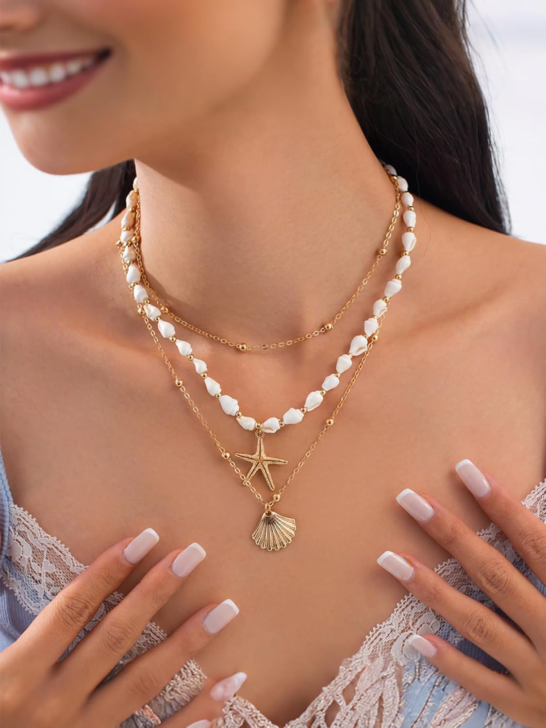 Seashell Charm Necklace for Women Stackable Starfish Necklace Fashion Boho Adjustable Necklace Dainty Layered Pendant Conch Shell Summer Beads Beach Vacation Essentials Ocean Jewelry Gifts - Image 2