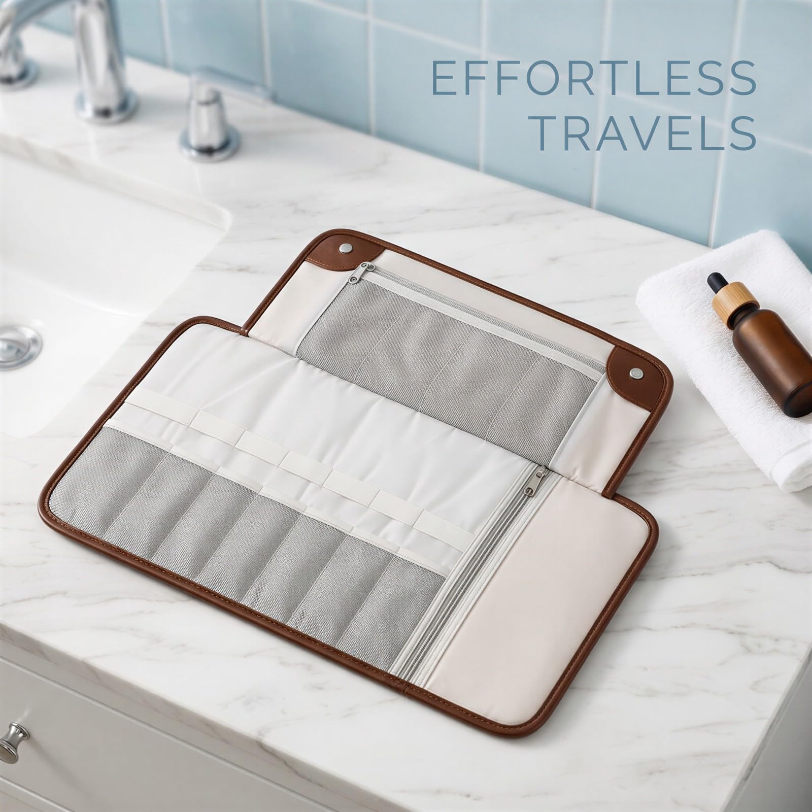Trousse de Toilette pour Homme, Organiseur de Voyage Compact et Pliable en Cuir PU, 13 Poches, Pochette imperméable pour Rasage et Accessoires de Toilette