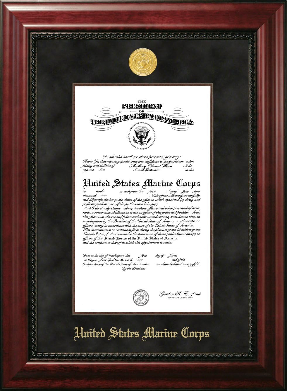 Patriot Frame's Marine Certificate Executive Frame with Gold Medallion with Mahogany Filet (9x14)