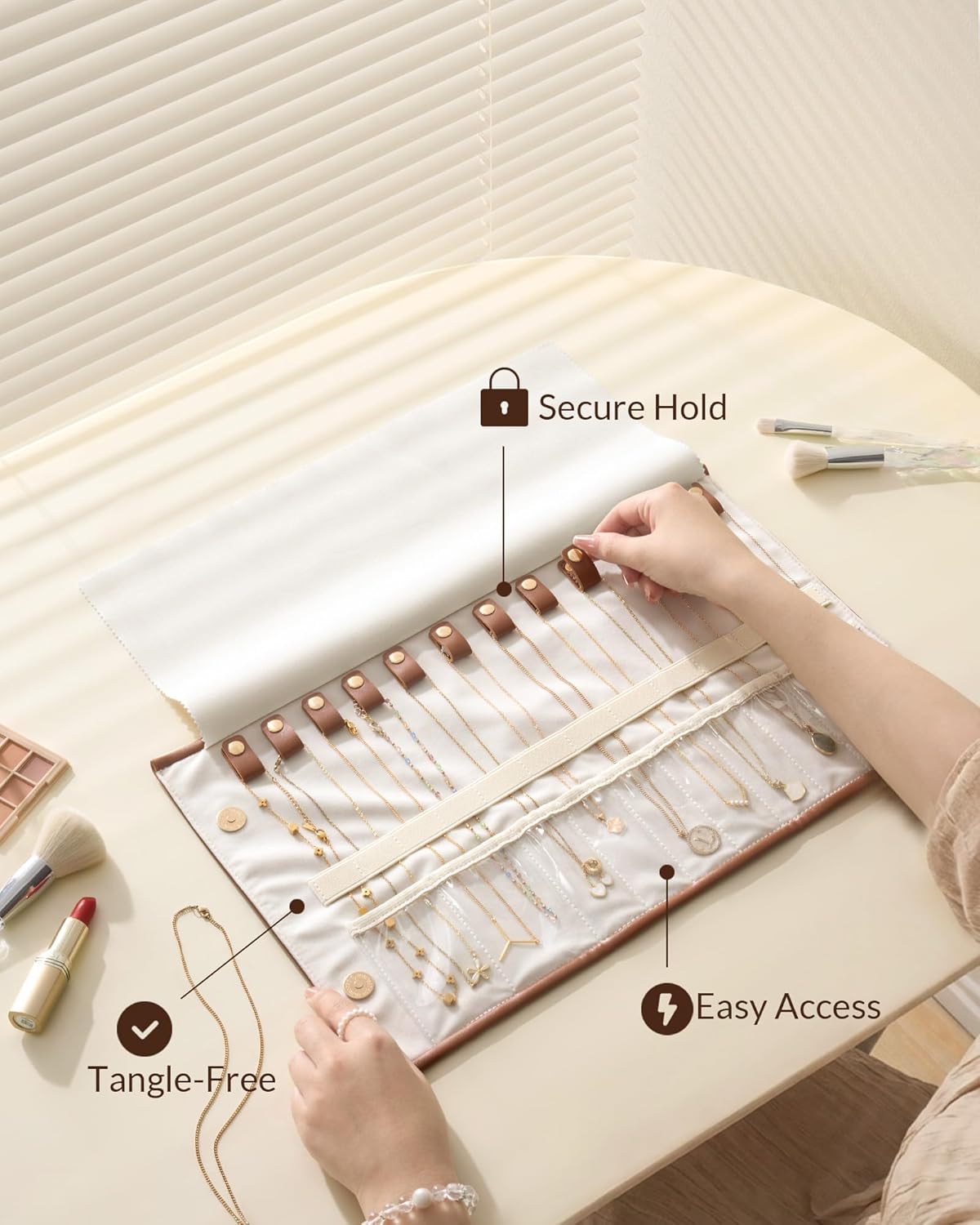 Lolalet Travel Necklace Organizer, Tangle-Free Necklace Case for Travel, Leather Foldable Roll Up Jewelry Storage Bag for Necklaces Chains Bracelets -Caramel, 12 Slots Holder