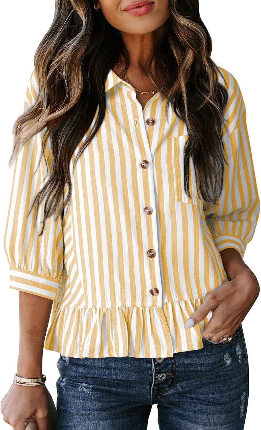 Dokotoo Cropped Button Down Striped Shirt 3/4 Length Sleeve Womens Tops Dressy Casual Blouses Babydoll Tops