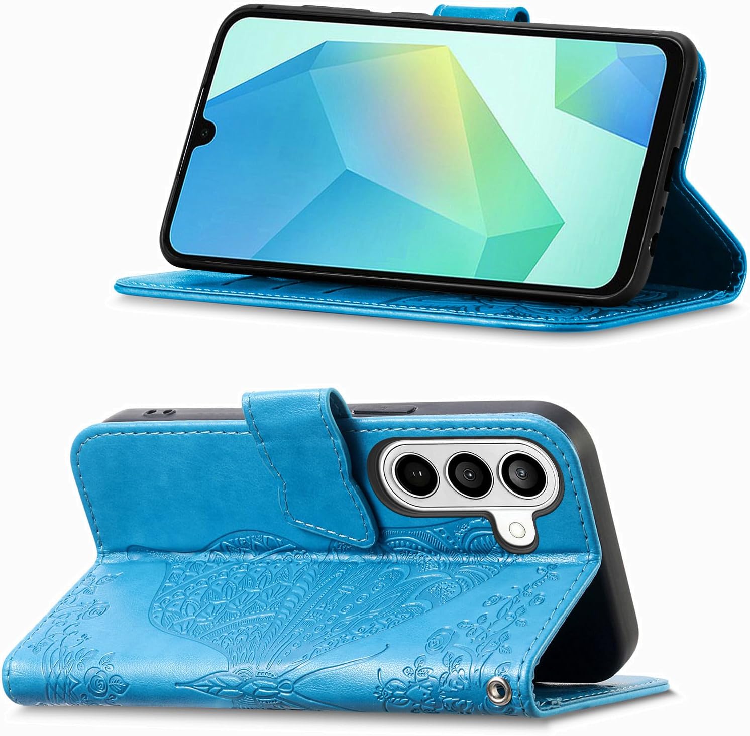 for Samsung Galaxy S26 Wallet Case,Women Flip Folio Cover Credit Card Holders Emboss Butterfly Flower PU Leather Purse Wrist Strap Kickstand Phone Case for Samsung Galaxy S26 Blue image 3