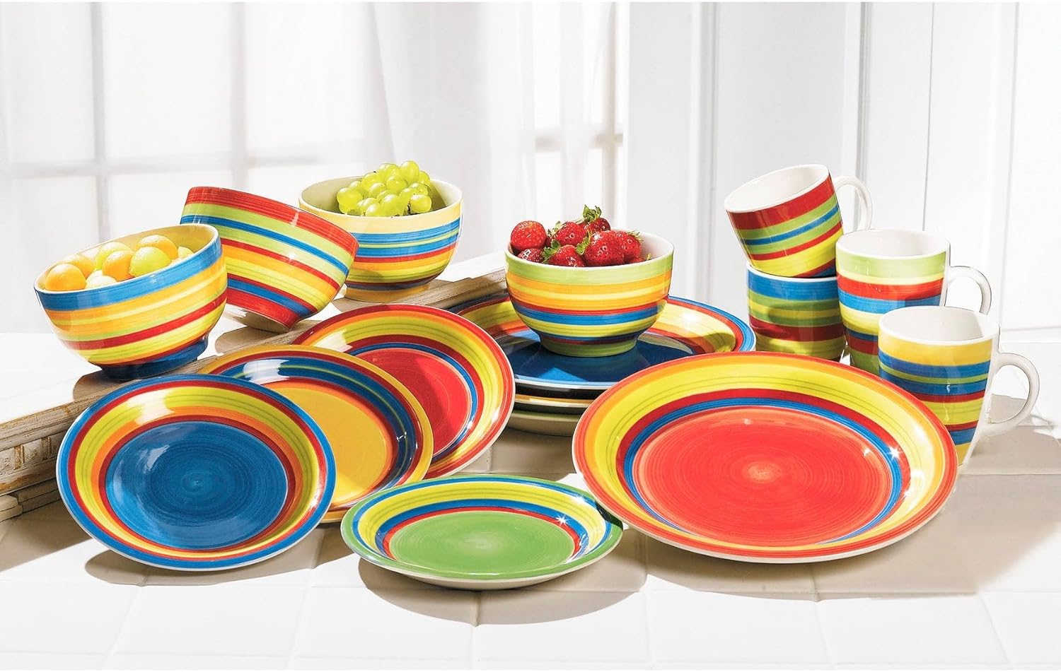 BrylaneHome 16 Piece Santa Fe Dinnerware Set (Service for 4), Includes Dinner & Salad or Dessert Plates, Bowls, Mugs, Colorful Stripe Southwestern Fiesta Pattern - Multi Stripe