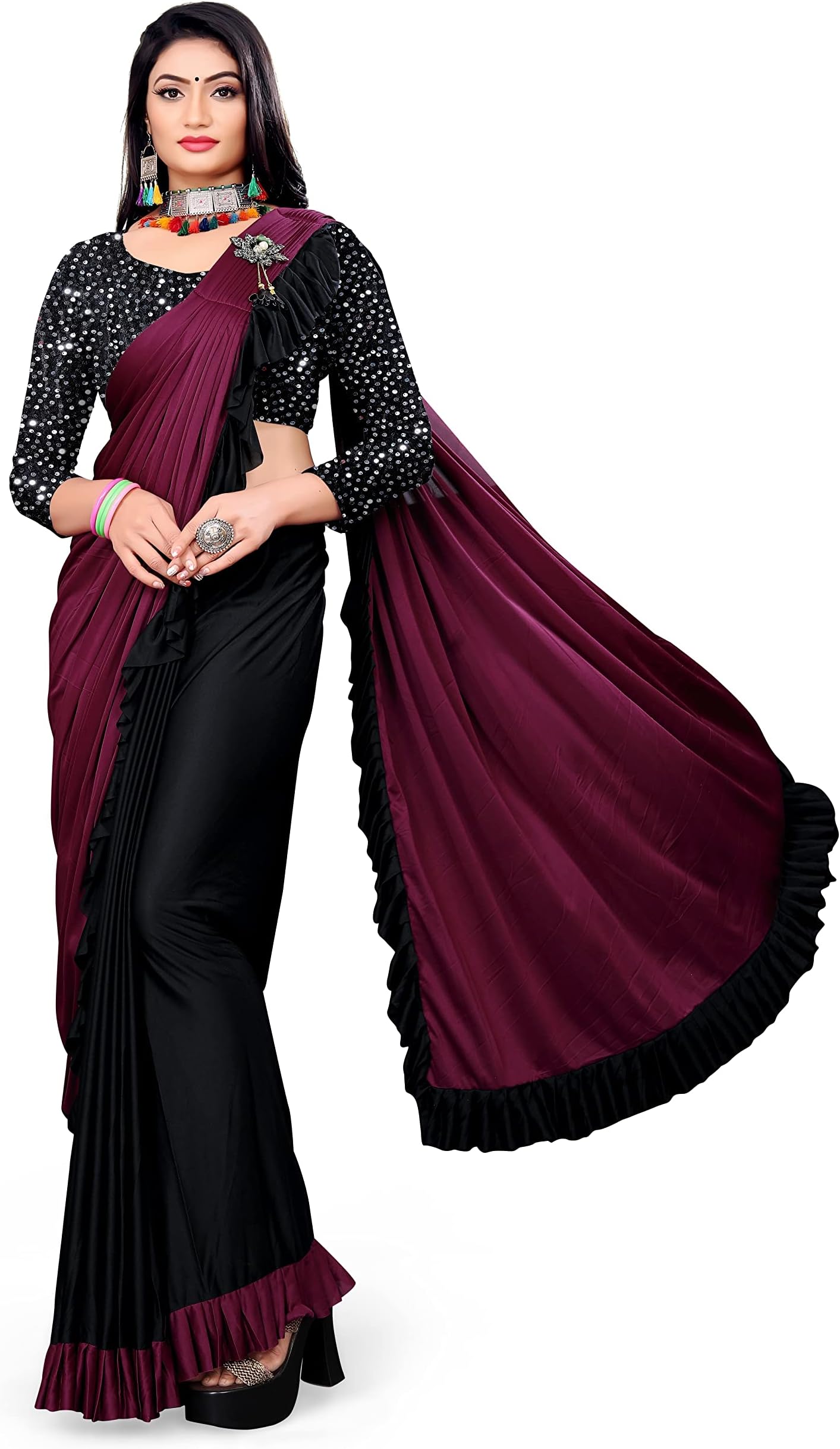 MOHIT CREATIONS Women's Party wear Pure Original Lycra Ruffle Saree With Unstitched Blouse