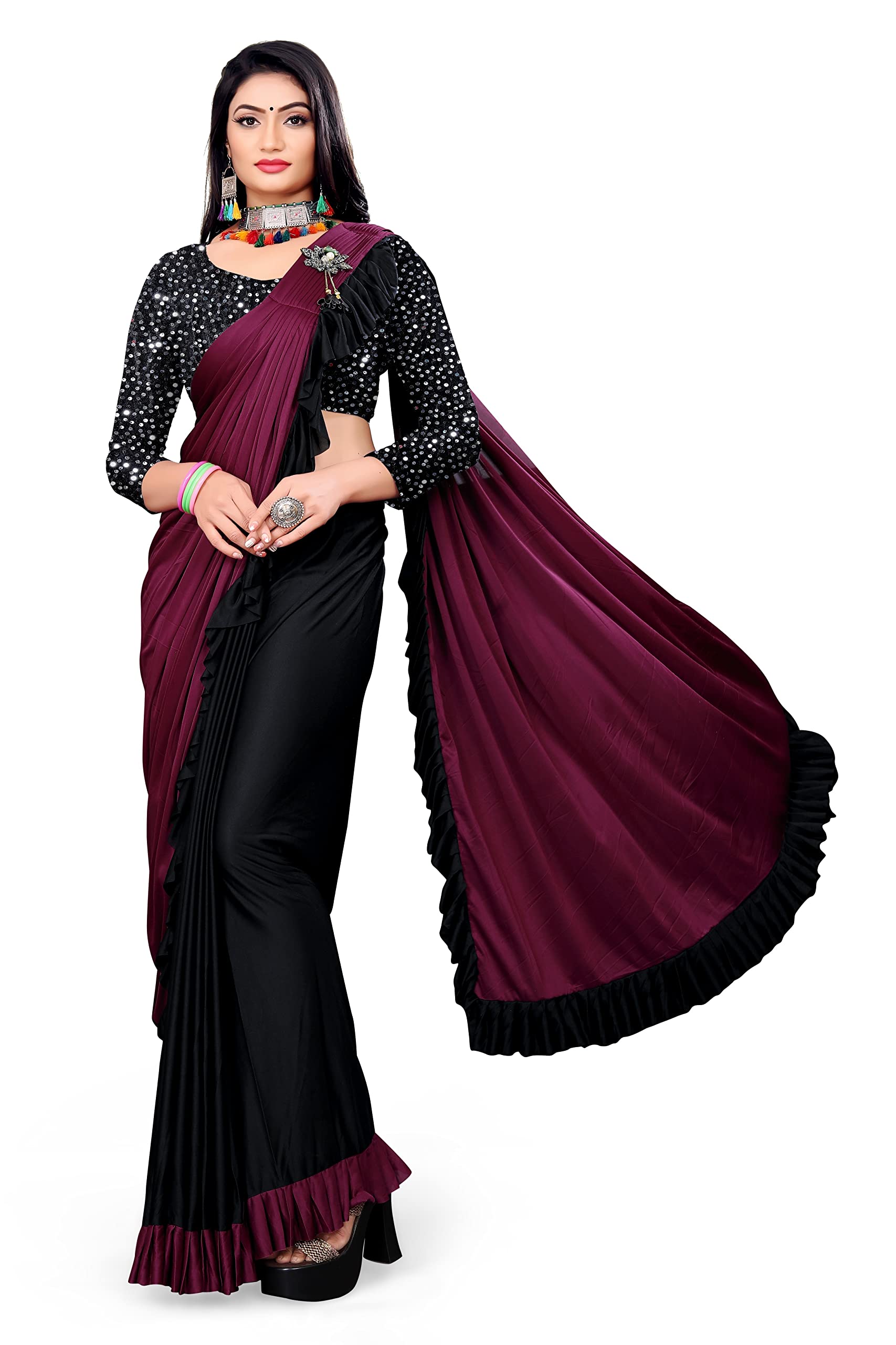 MOHIT CREATIONS Women's Party wear Pure Original Lycra Ruffle Saree With Unstitched Blouse
