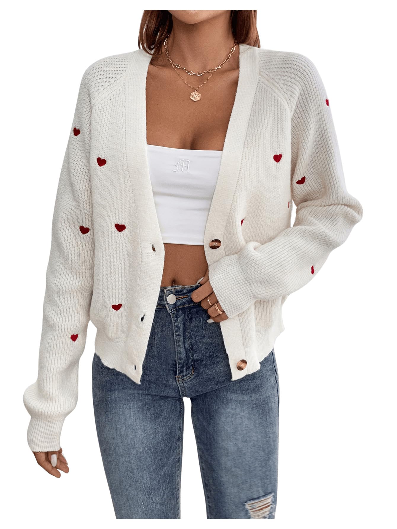 GORGLITTER Cárdigan de punto para mujer, abrigo de punto informal, suéter para exteriores, chaqueta fina, suéter con bordado de corazón