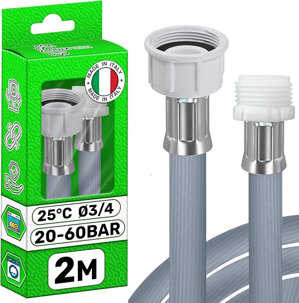 Rallonge Tuyau Lave Vaisselle ou Machine à Laver 2 m avec Connexions Ø 3/4" Pression de 20 à 60 Bar pour Températures de 25°C - MADE IN ITALY - Garantie de 5 Ans - ONIX TECH - 1