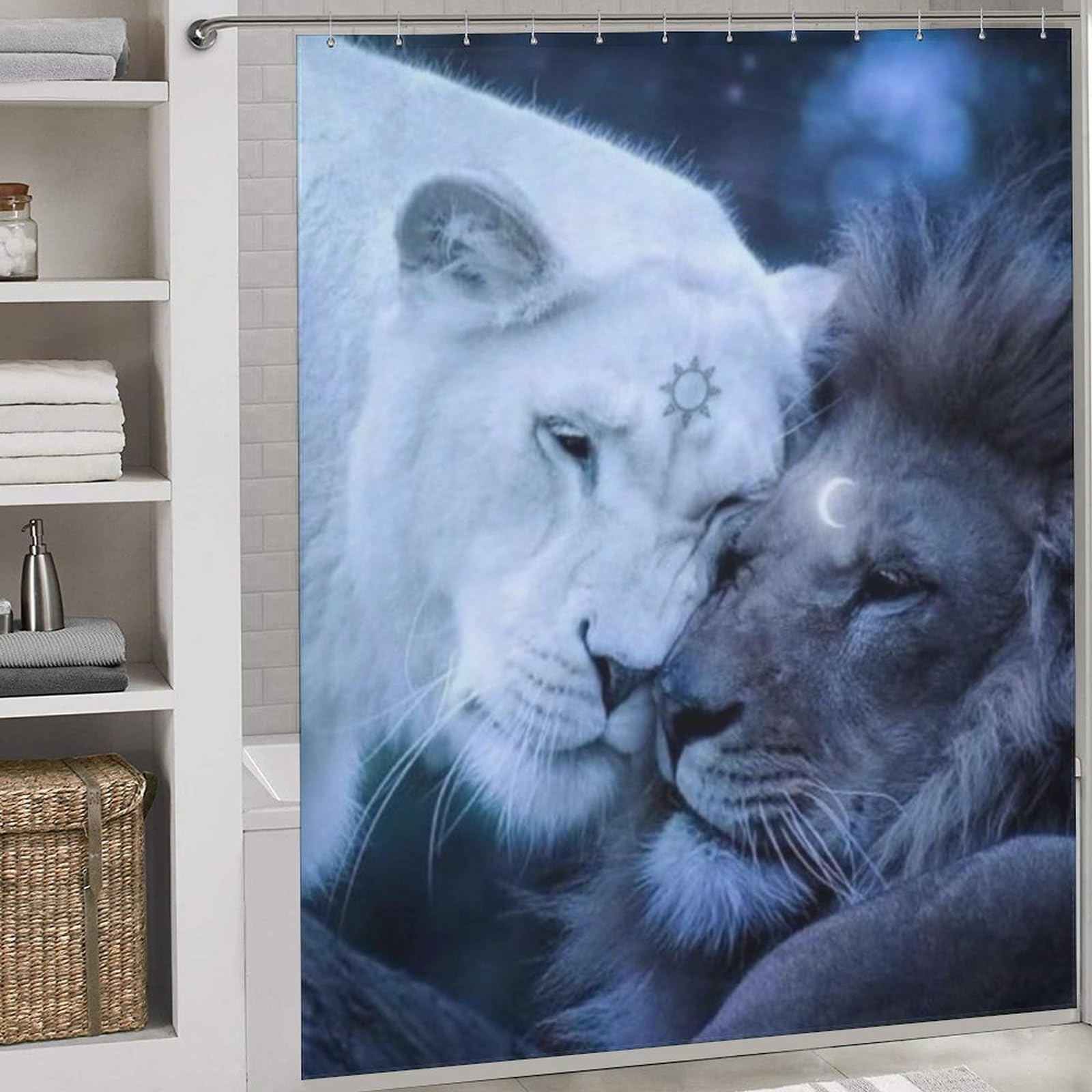 Rideau de douche lion imperméable anti-moisissure en tissu avec crochets de bain