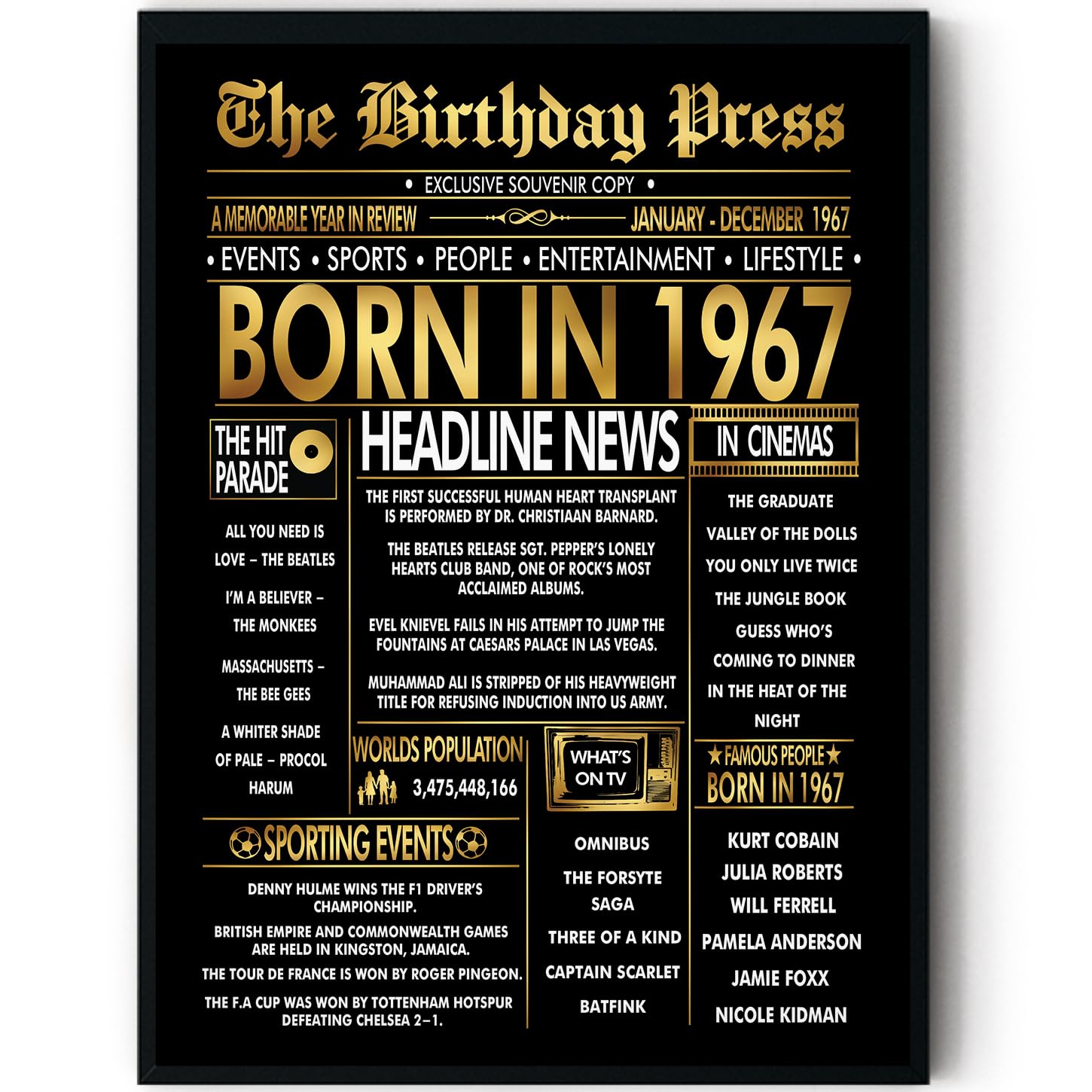 Stuff4 Men's 1967 Gold 59Th Birthday Poster Framed - Golden Born In Newspaper - Happy 59 Birthday For Wo Retro Vintage Gifts Back In 8X10 Inch Bday Party Decor Decoration