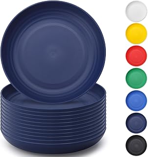Berglander EUR Blue Plastic Plates Set of 12 Pieces 9", Reusable and Sturdy Unbreakable Dinner Plates, Salad Plates, Pasta Bowls, Dishes for Home, Kid, Light Weight Easy Carry for Picnic, Camping