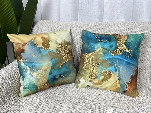 Miniatura 3 de Jasfura Juego de 4 fundas de almohada de color dorado verde azulado para otoño 20 x 20 pulgadas de terciopelo suave con estampado de doble cara