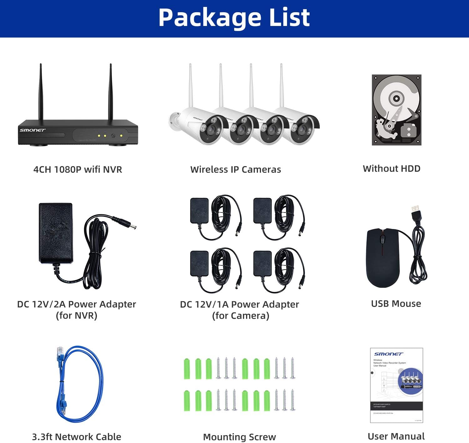 Package contents of SMONET Wireless Security Camera System