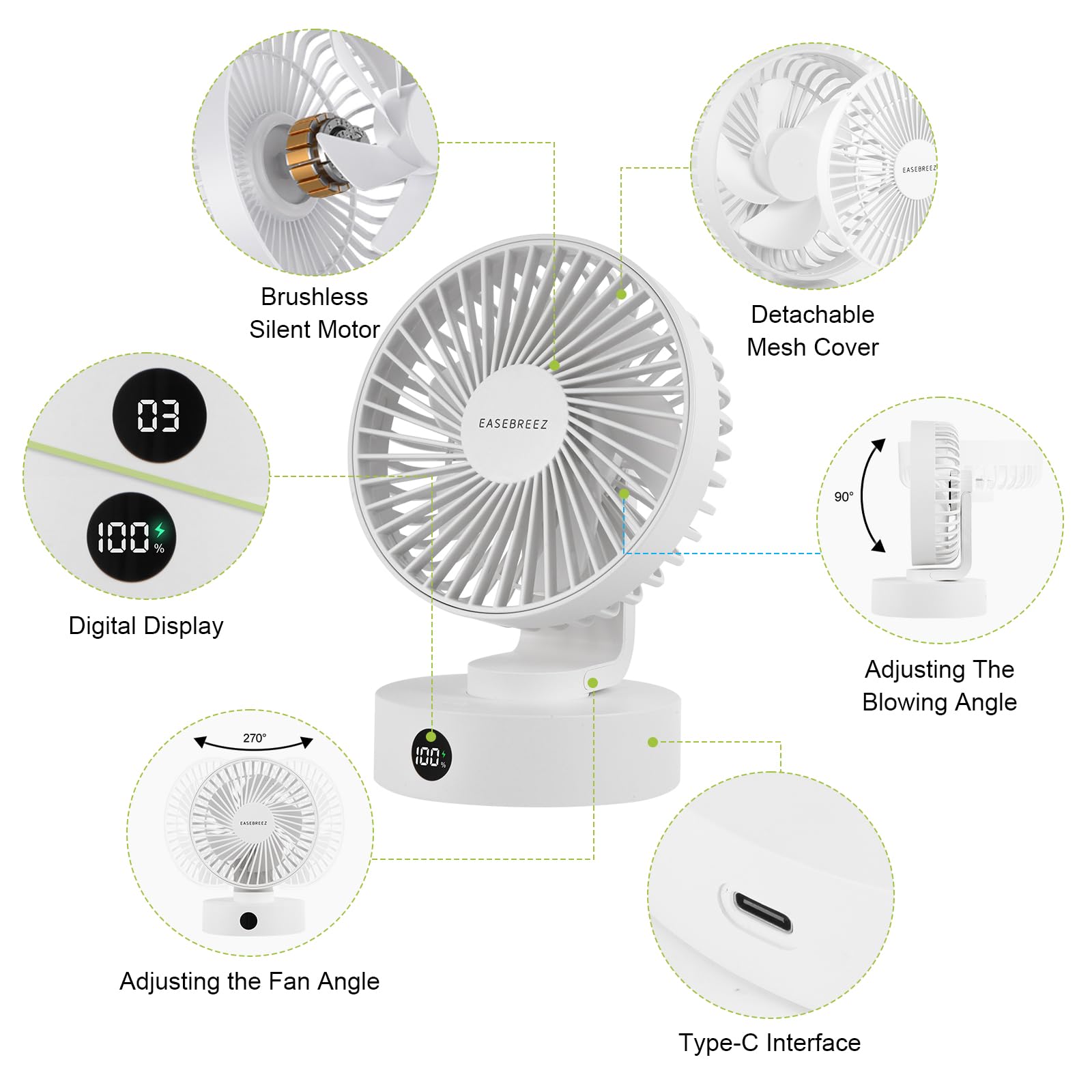 Ventilatore da tavolo, ventola piccola Funzionamento silenzioso, ventola USB leggera, ricarica tramite porta USB, display a LED, 5 impostazioni di velocità, inclinazione regolabile, bianco